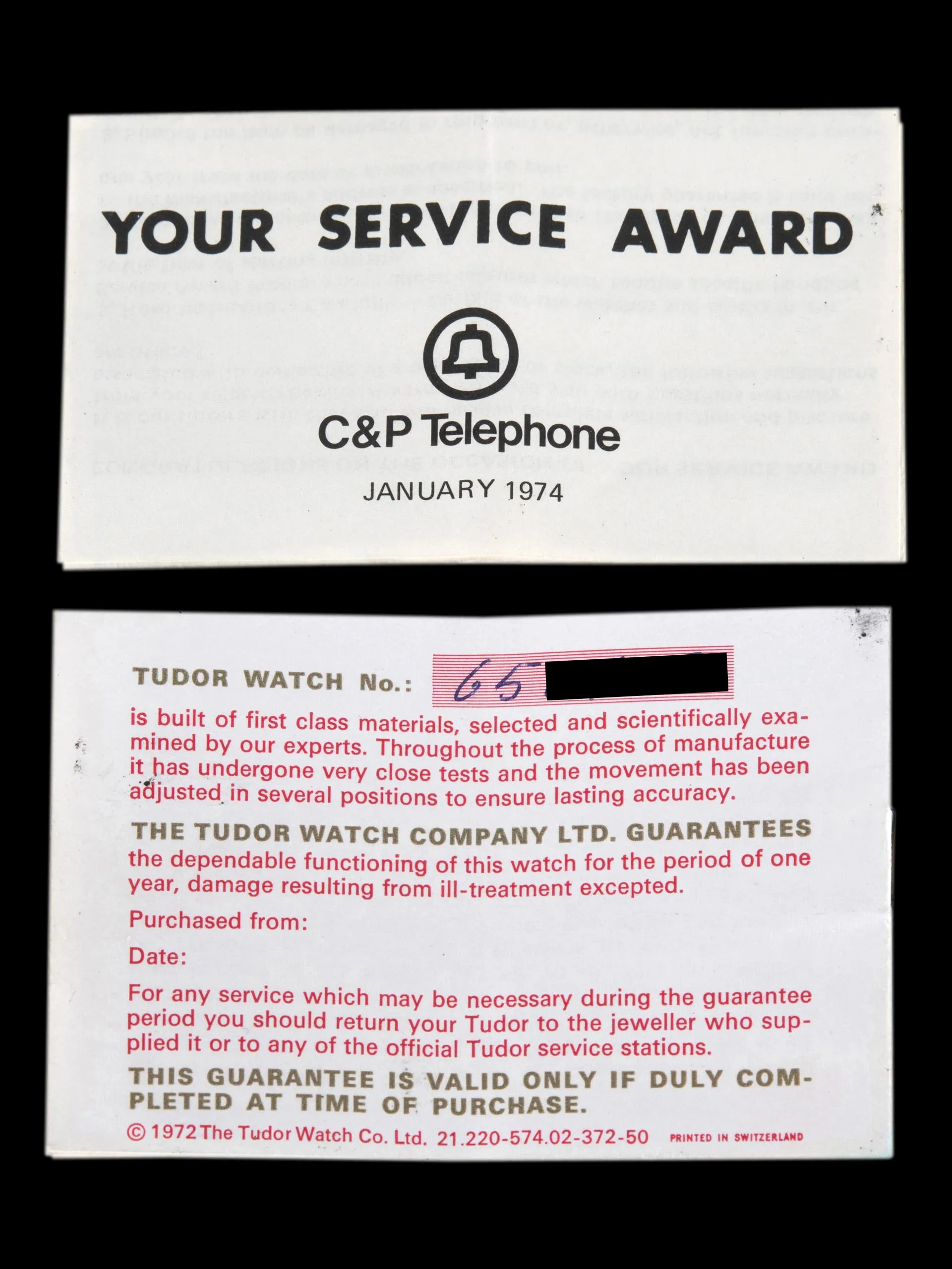 1968 Tudor Oyster-Prince Date (Ref. 7966/0) W/ Papers "C&P Telephone Service Award"