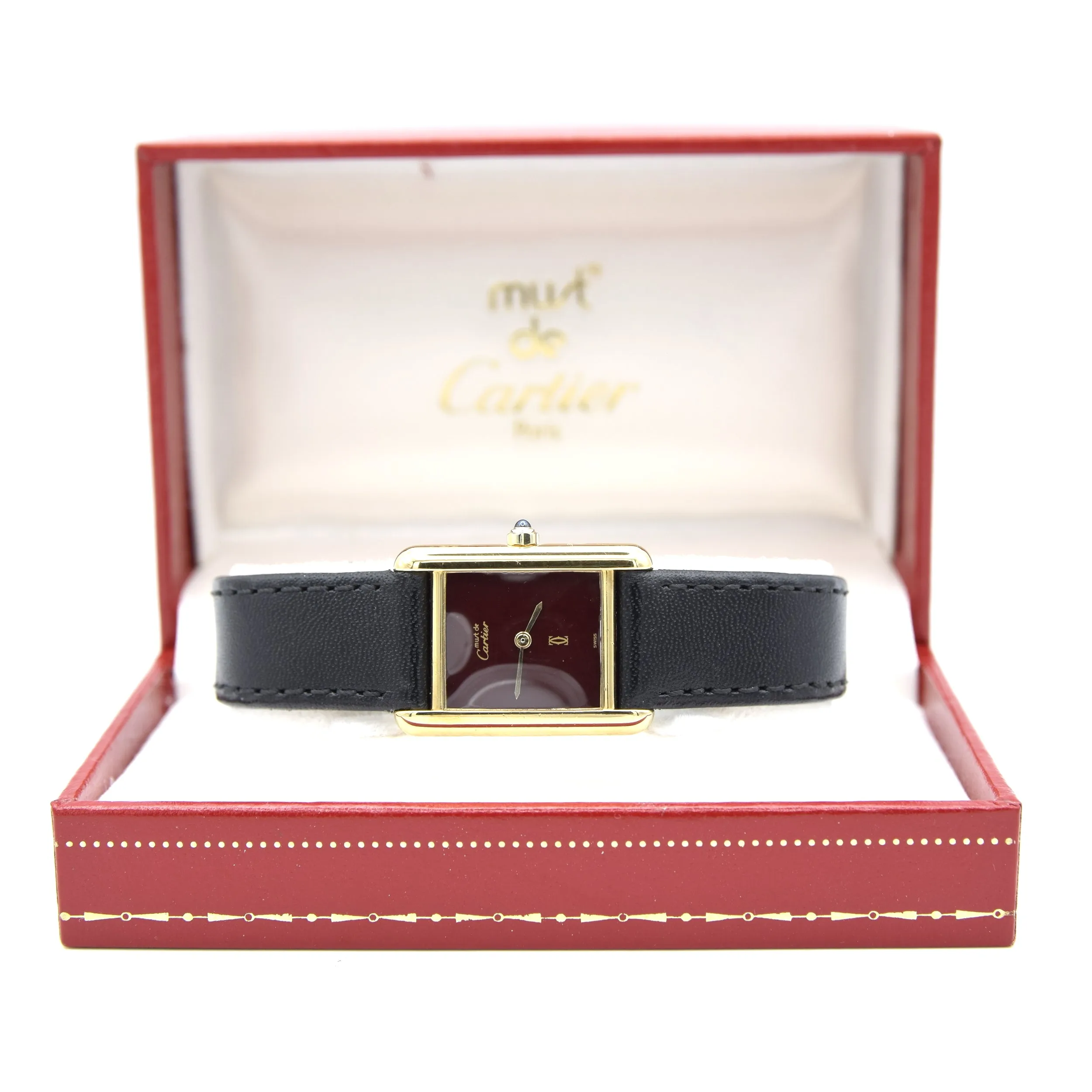 1986 Cartier Ladies Tank Swiss quartz with Rare Burgundy Red  Dial in 925 Sterling Silver Gilt Vermeil Case with Box and Papers