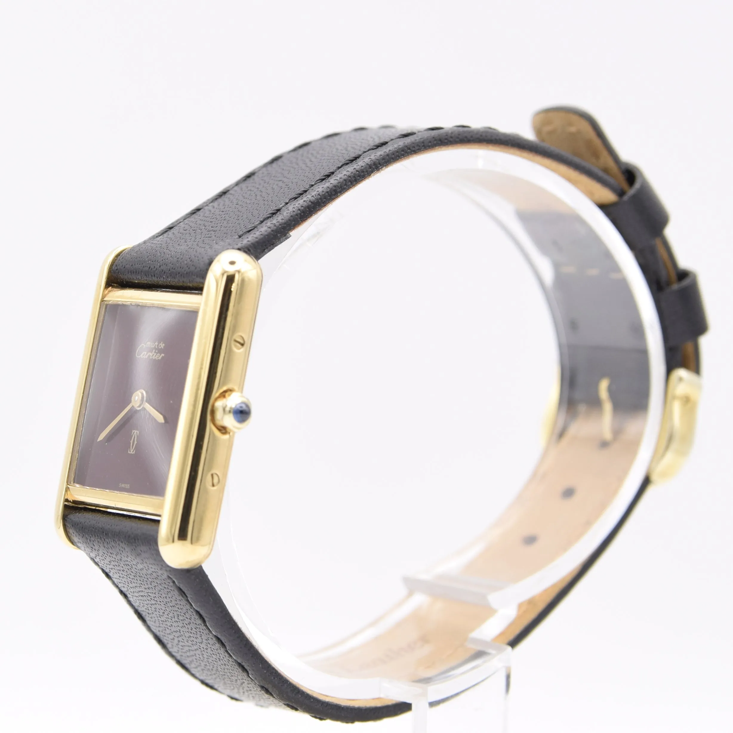 1986 Cartier Ladies Tank Swiss quartz with Rare Burgundy Red  Dial in 925 Sterling Silver Gilt Vermeil Case with Box and Papers