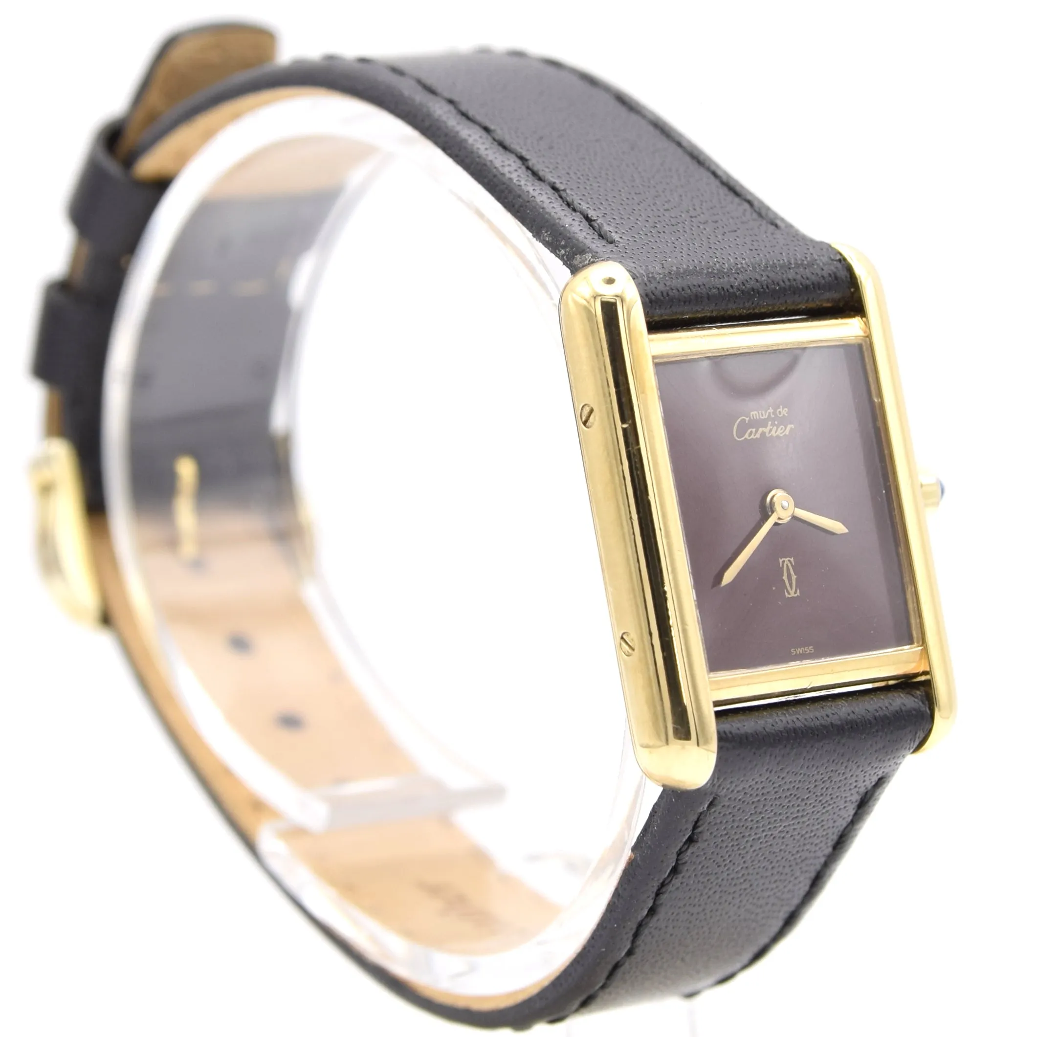 1986 Cartier Ladies Tank Swiss quartz with Rare Burgundy Red  Dial in 925 Sterling Silver Gilt Vermeil Case with Box and Papers