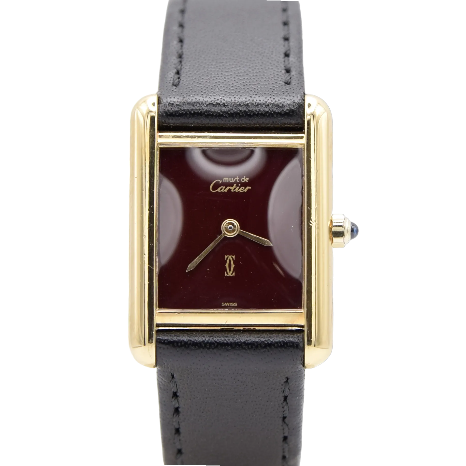 1986 Cartier Ladies Tank Swiss quartz with Rare Burgundy Red  Dial in 925 Sterling Silver Gilt Vermeil Case with Box and Papers