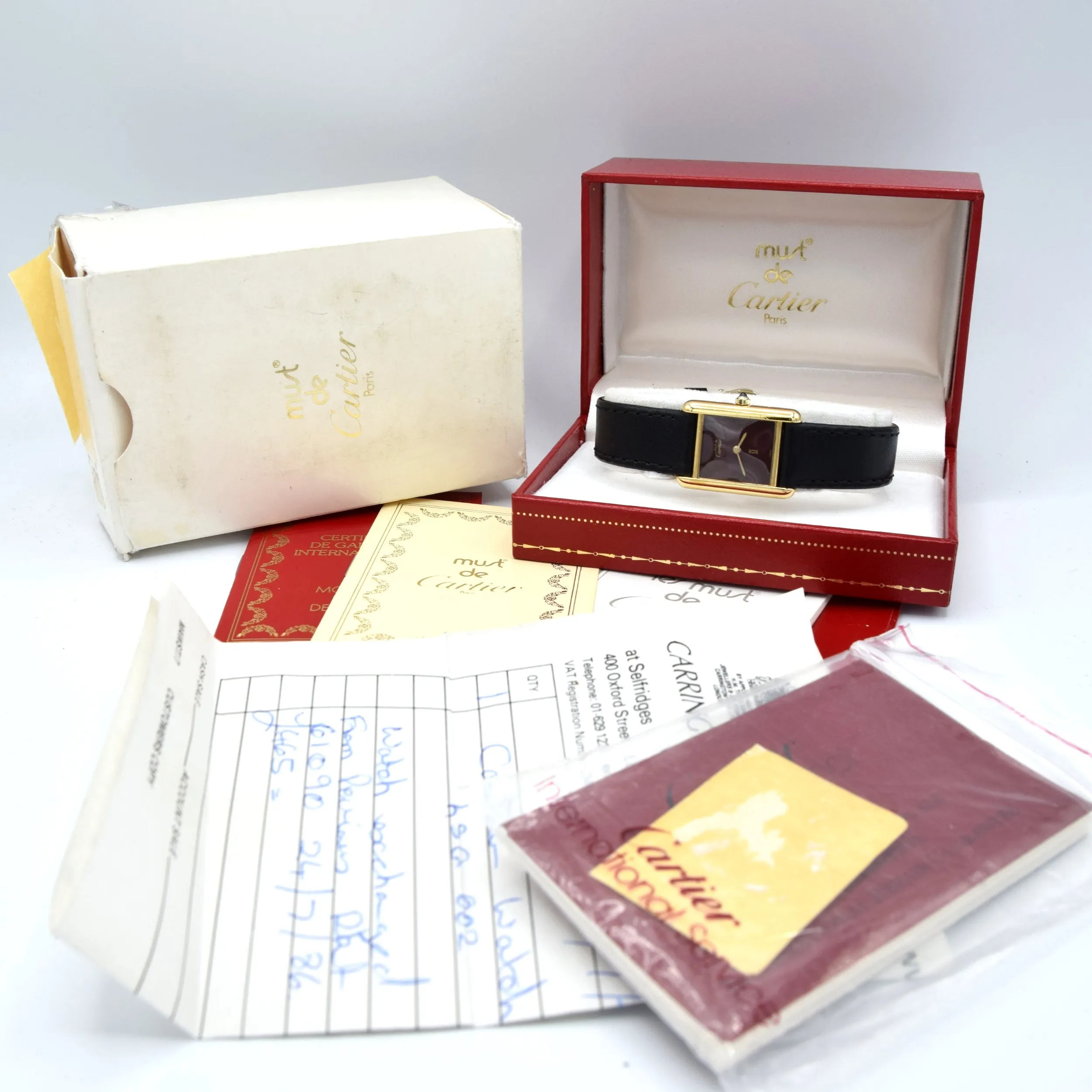 1986 Cartier Ladies Tank Swiss quartz with Rare Burgundy Red  Dial in 925 Sterling Silver Gilt Vermeil Case with Box and Papers