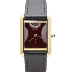 1986 Cartier Ladies Tank Swiss quartz with Rare Burgundy Red  Dial in 925 Sterling Silver Gilt Vermeil Case with Box and Papers