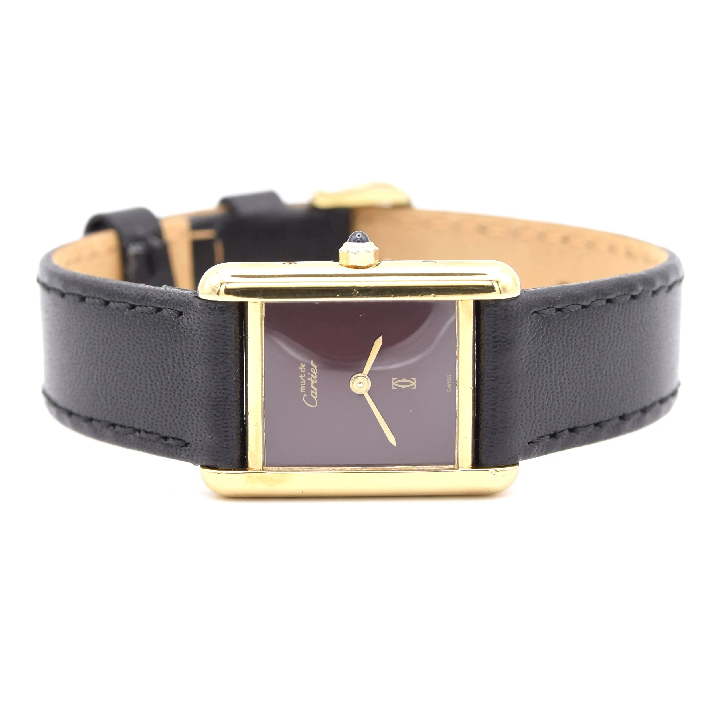1986 Cartier Ladies Tank Swiss quartz with Rare Burgundy Red  Dial in 925 Sterling Silver Gilt Vermeil Case with Box and Papers