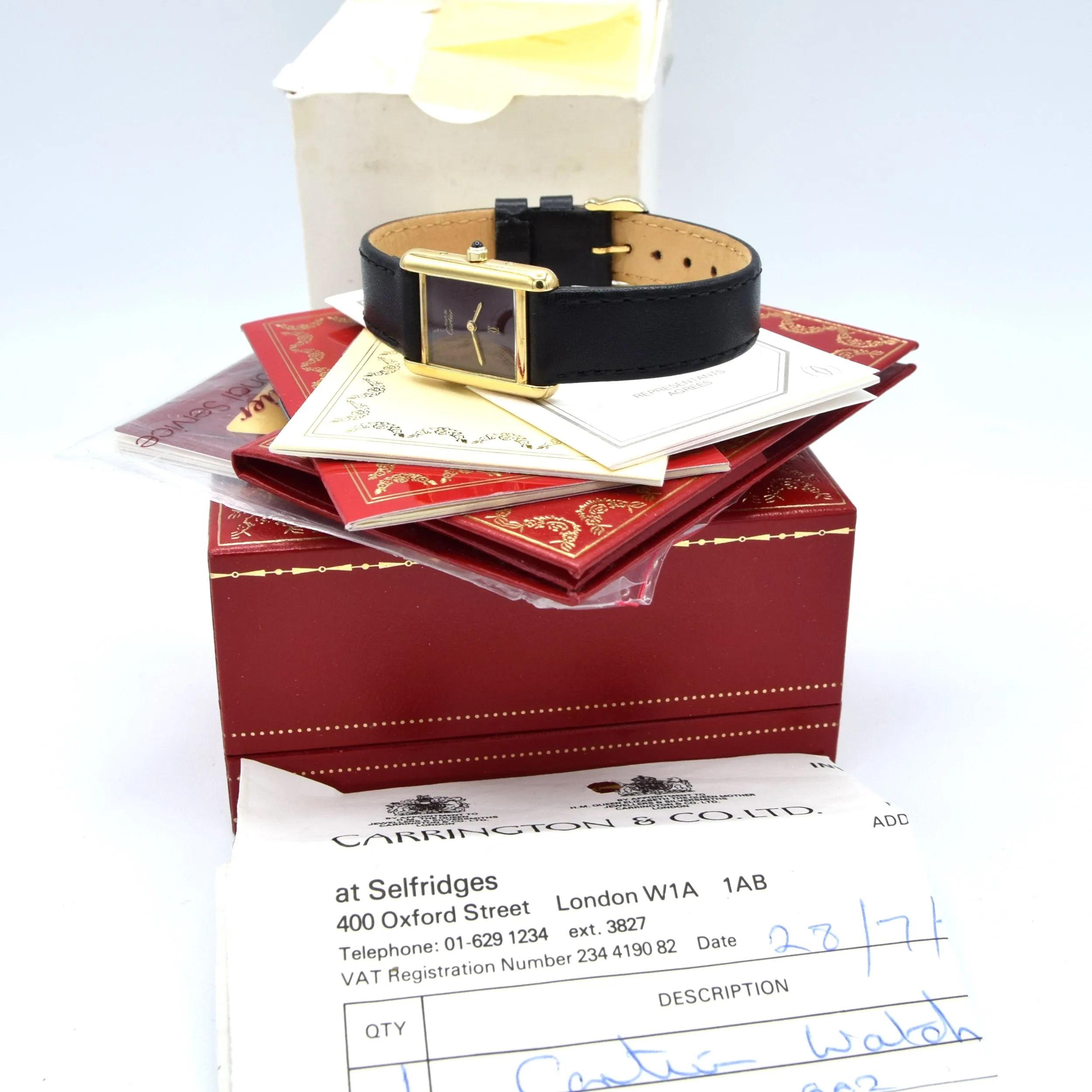 1986 Cartier Ladies Tank Swiss quartz with Rare Burgundy Red  Dial in 925 Sterling Silver Gilt Vermeil Case with Box and Papers
