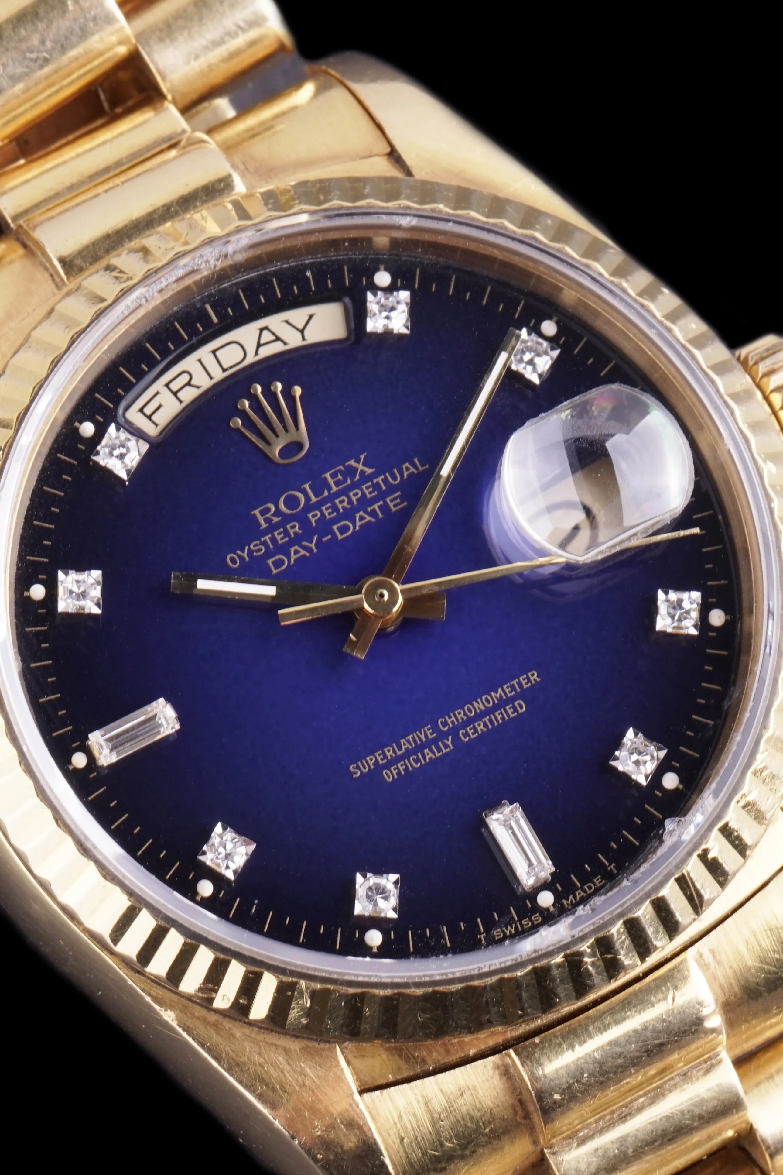 1986 Rolex Day-Date (Ref. 18038) "Factory Blue Vignette Diamond Dial"