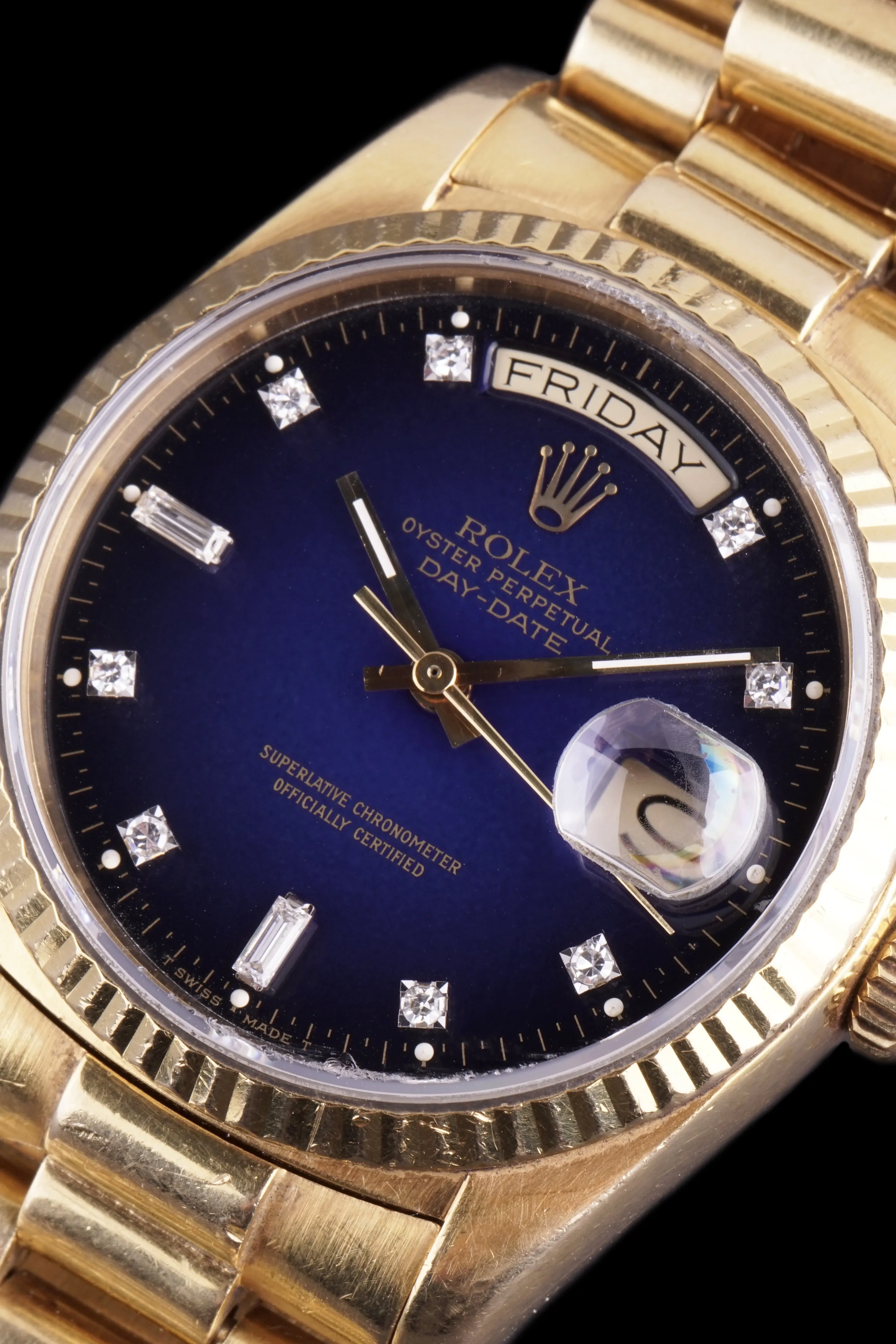 1986 Rolex Day-Date (Ref. 18038) "Factory Blue Vignette Diamond Dial"