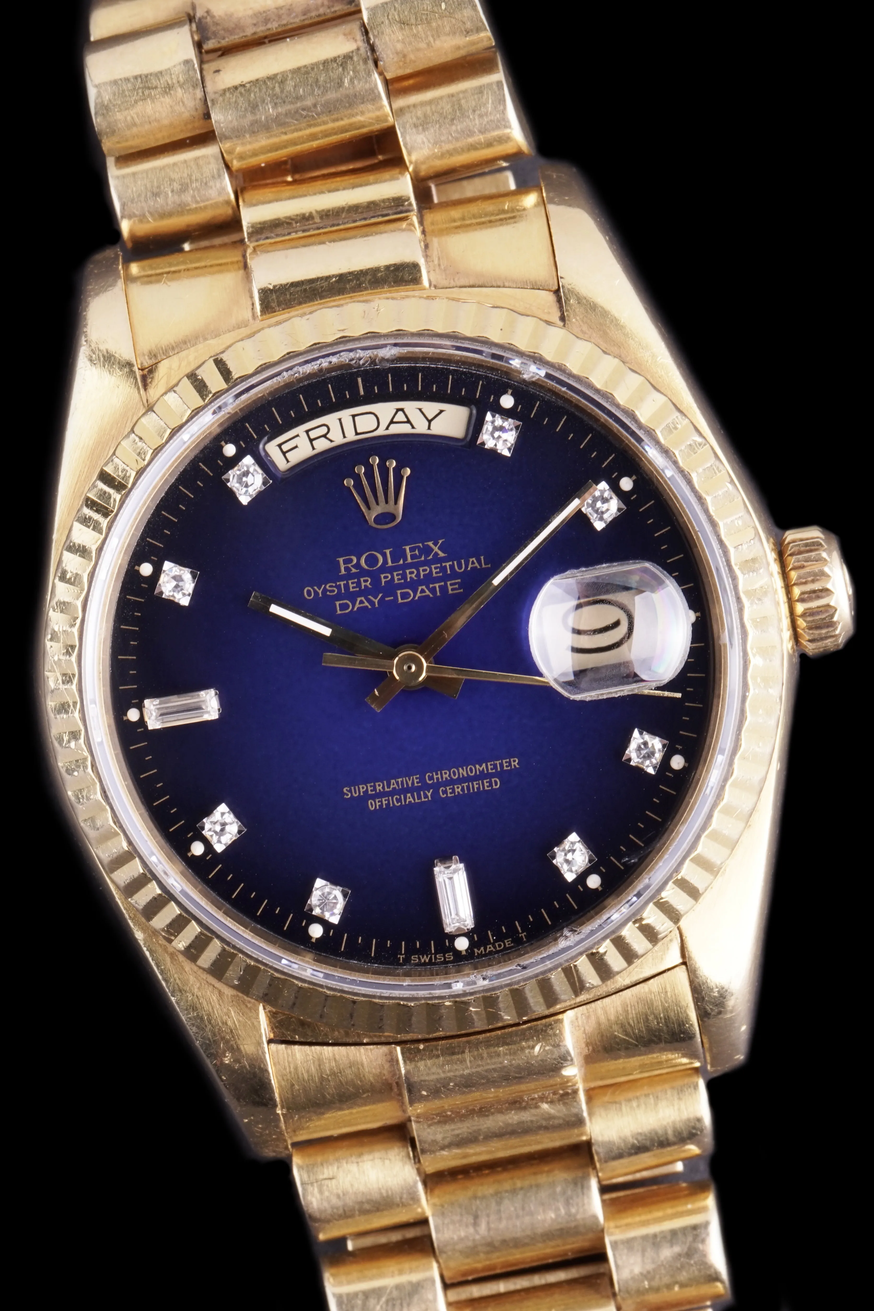 1986 Rolex Day-Date (Ref. 18038) "Factory Blue Vignette Diamond Dial"