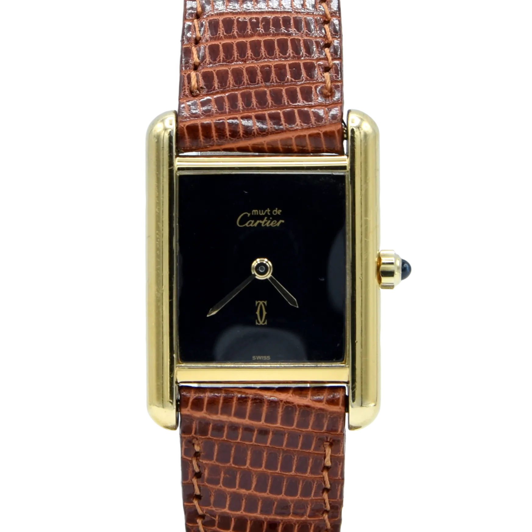 1990s Cartier Ladies Tank Swiss quartz with Black gloss onyx type Dial in 925 Sterling Silver Gilt Vermeil Case with Box