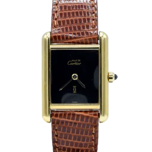 1990s Cartier Ladies Tank Swiss quartz with Black gloss onyx type Dial in 925 Sterling Silver Gilt Vermeil Case with Box