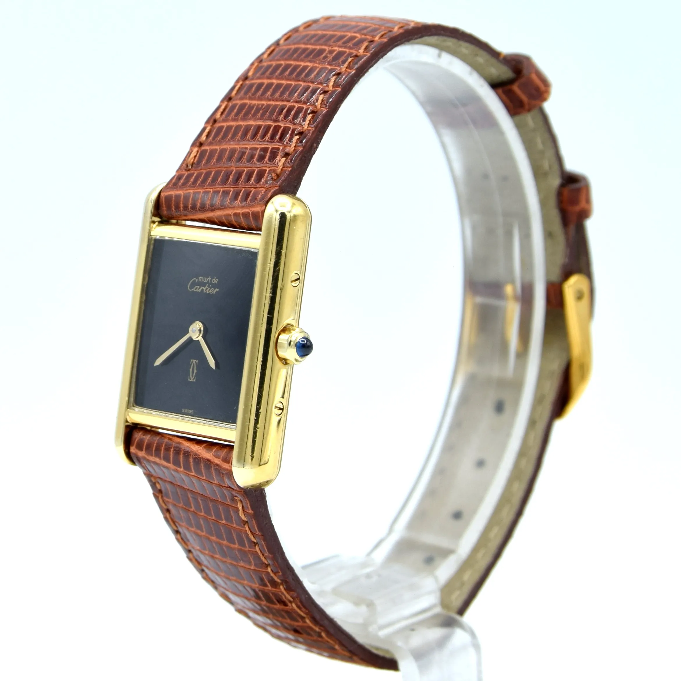 1990s Cartier Ladies Tank Swiss quartz with Black gloss onyx type Dial in 925 Sterling Silver Gilt Vermeil Case with Box