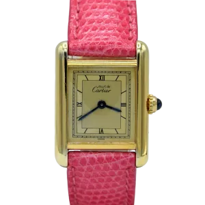 1990s Ladies Swiss Quartz Cartier Tank with Two Tone Dial and Roman Numerals in Sterling Silver Gilt Vermeil