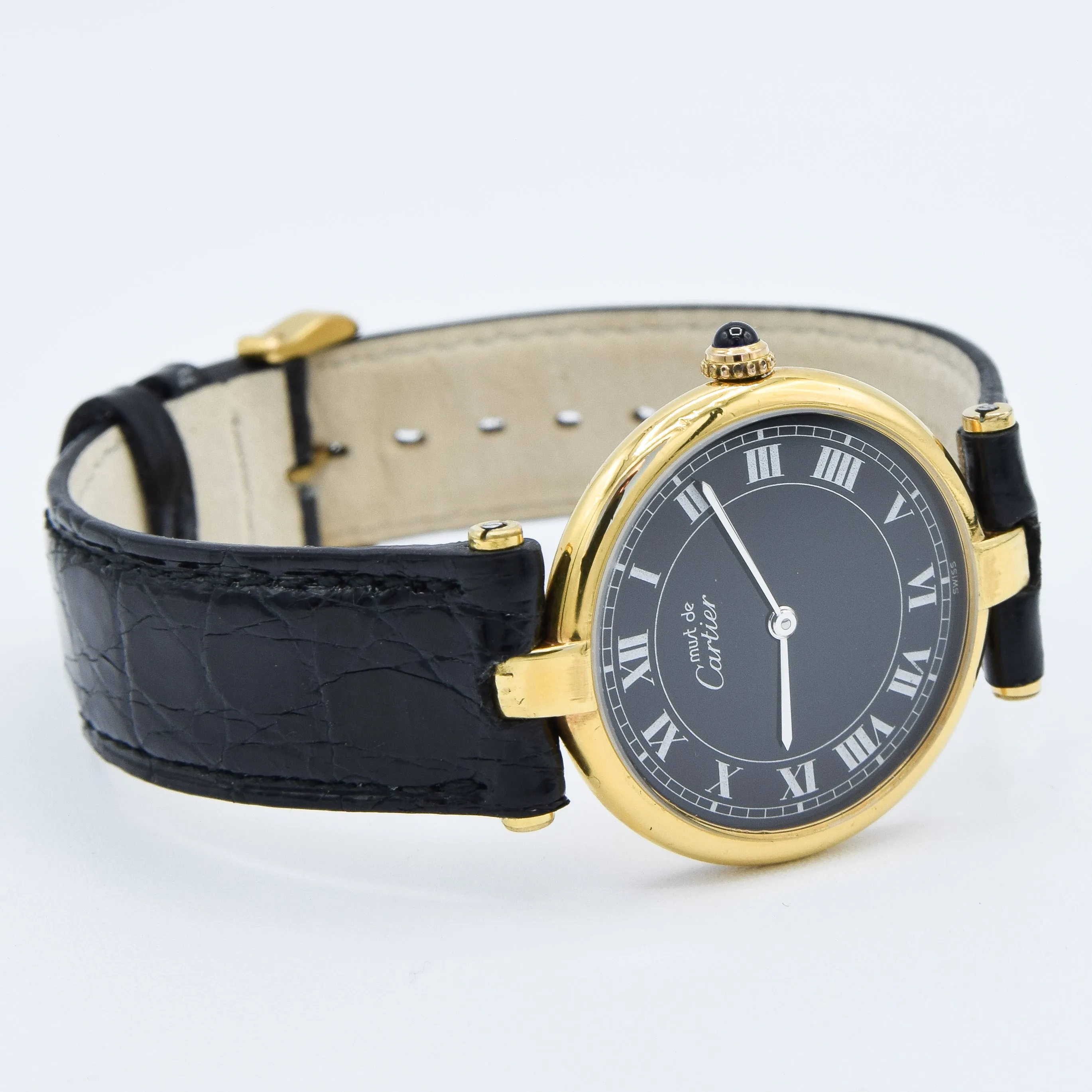1990s Rare Black Roman Numeral Dial Unisex Cartier 'Must de' Ronde Vendôme in 925 Sterling Silver Gilt Vermeil Case