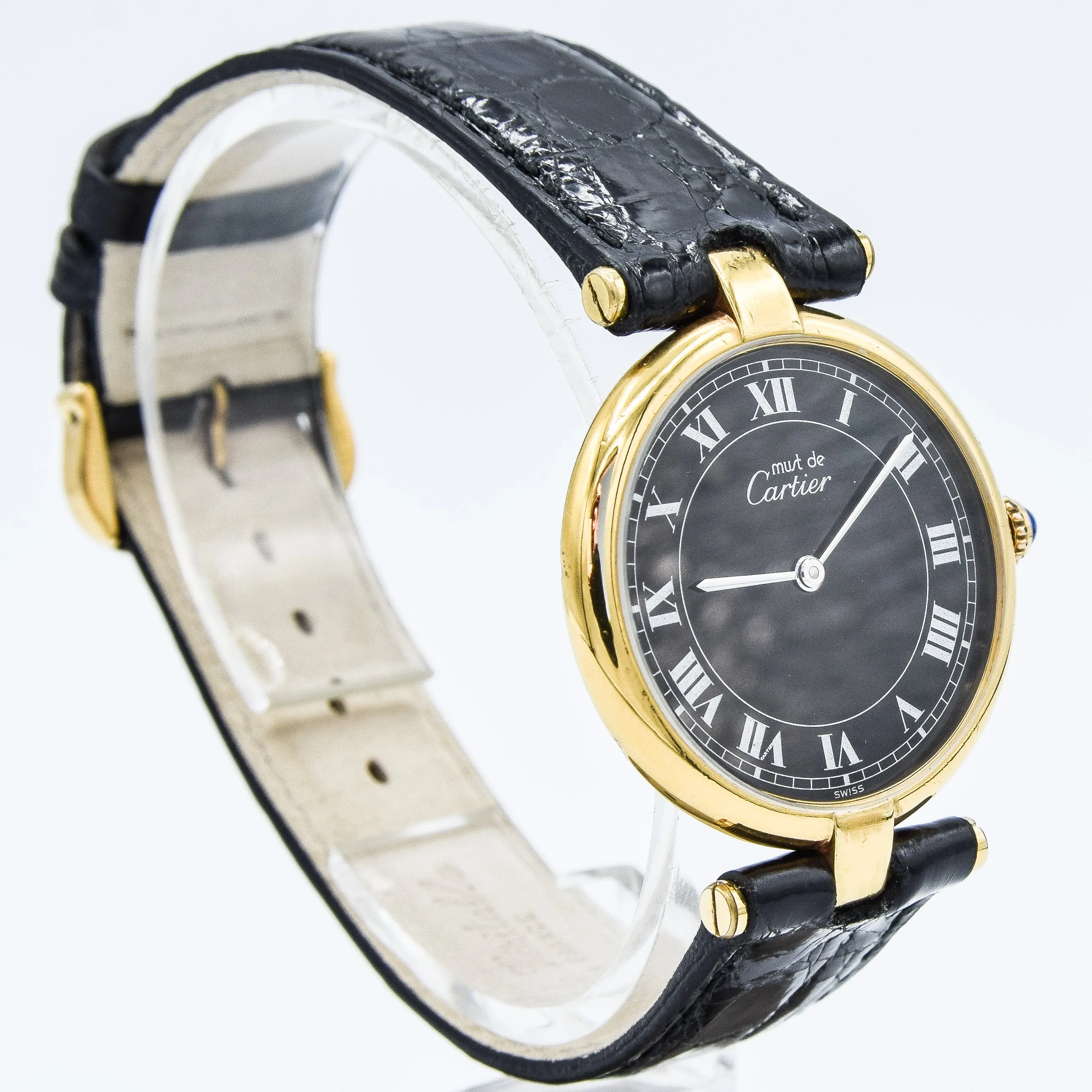 1990s Rare Black Roman Numeral Dial Unisex Cartier 'Must de' Ronde Vendôme in 925 Sterling Silver Gilt Vermeil Case