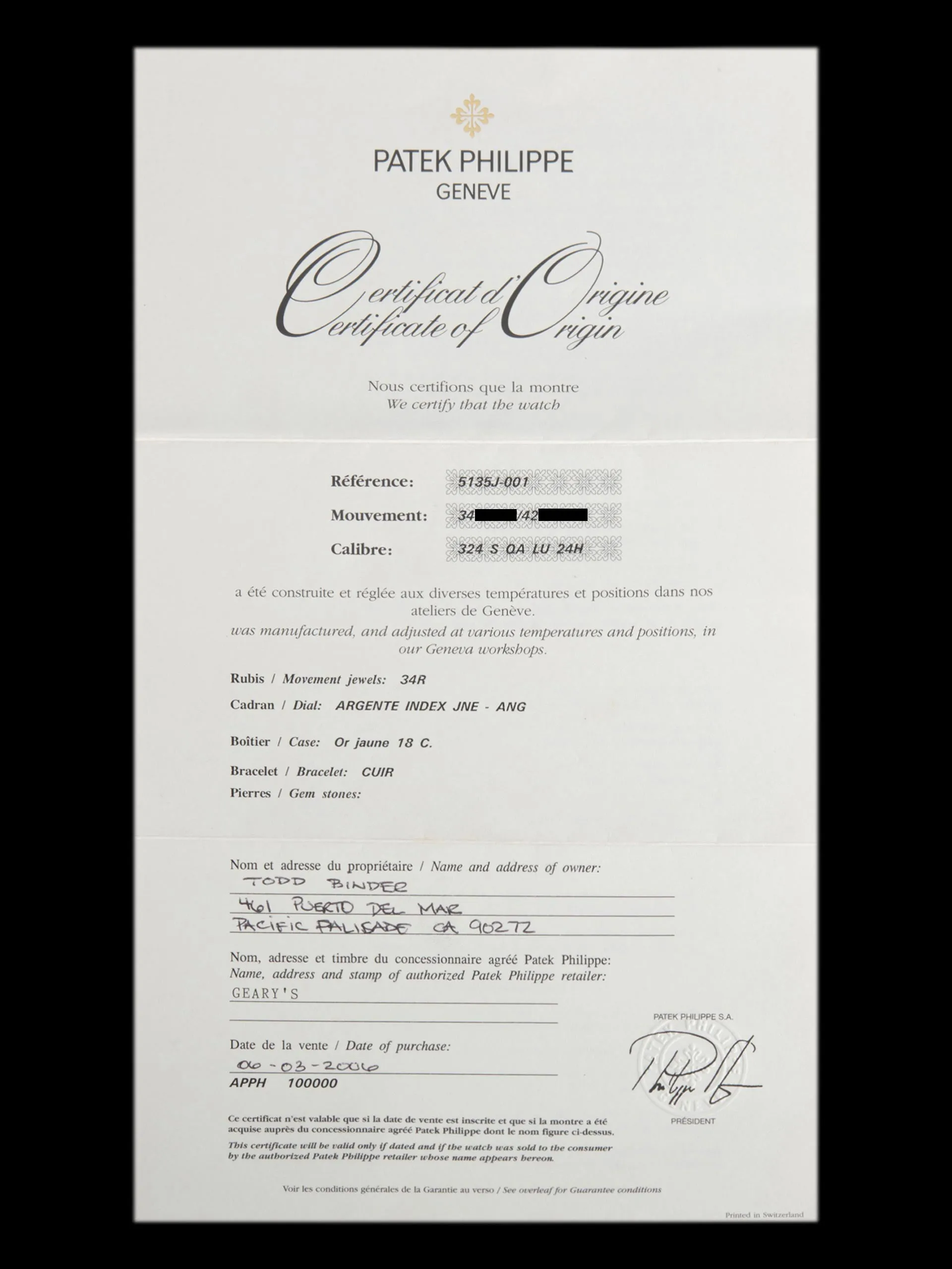 2006 Patek Philippe Gondolo Calendario Moonphase 18K YG (Ref. 5135J) W/ Box & Papers
