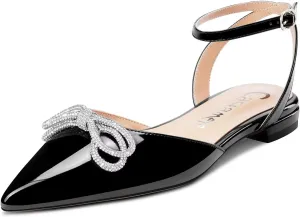 Castamere Women Low Heel Pointed Toe Ankle Strap Flats Shoes Pumps Rhinestone Crystal Prom Party 0.4 Inches Heels