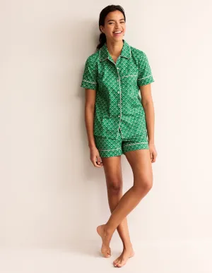 Cotton Sateen Pyjama Shorts-Green, Ditsy Vine