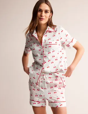 Cotton Sateen Pyjama Shorts-Ivory, Cherry Vine