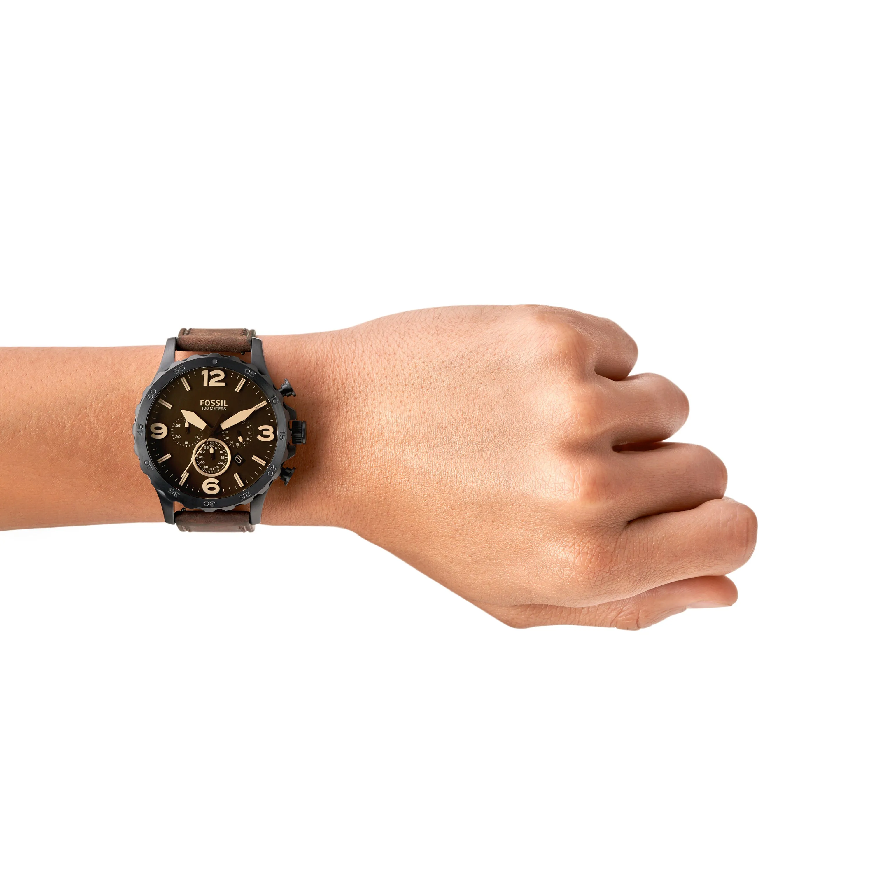 Fossil Timeless Fossil Nate Chronograph Watch with Brown Leather Strap