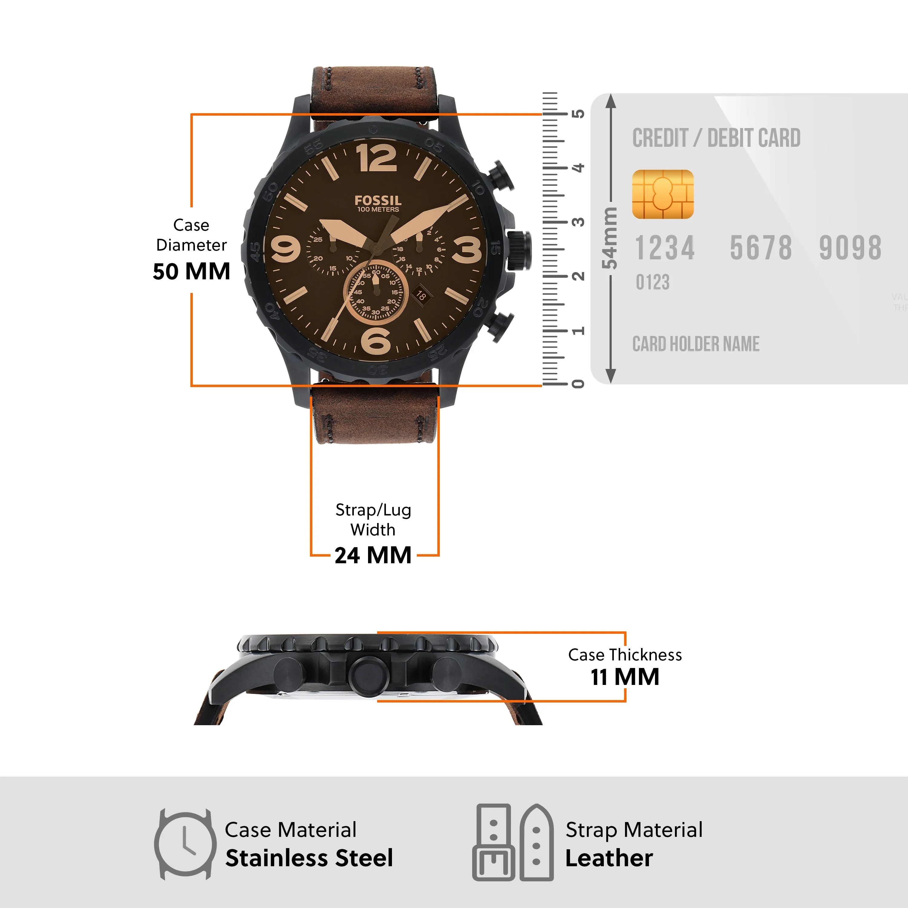 Fossil Timeless Fossil Nate Chronograph Watch with Brown Leather Strap