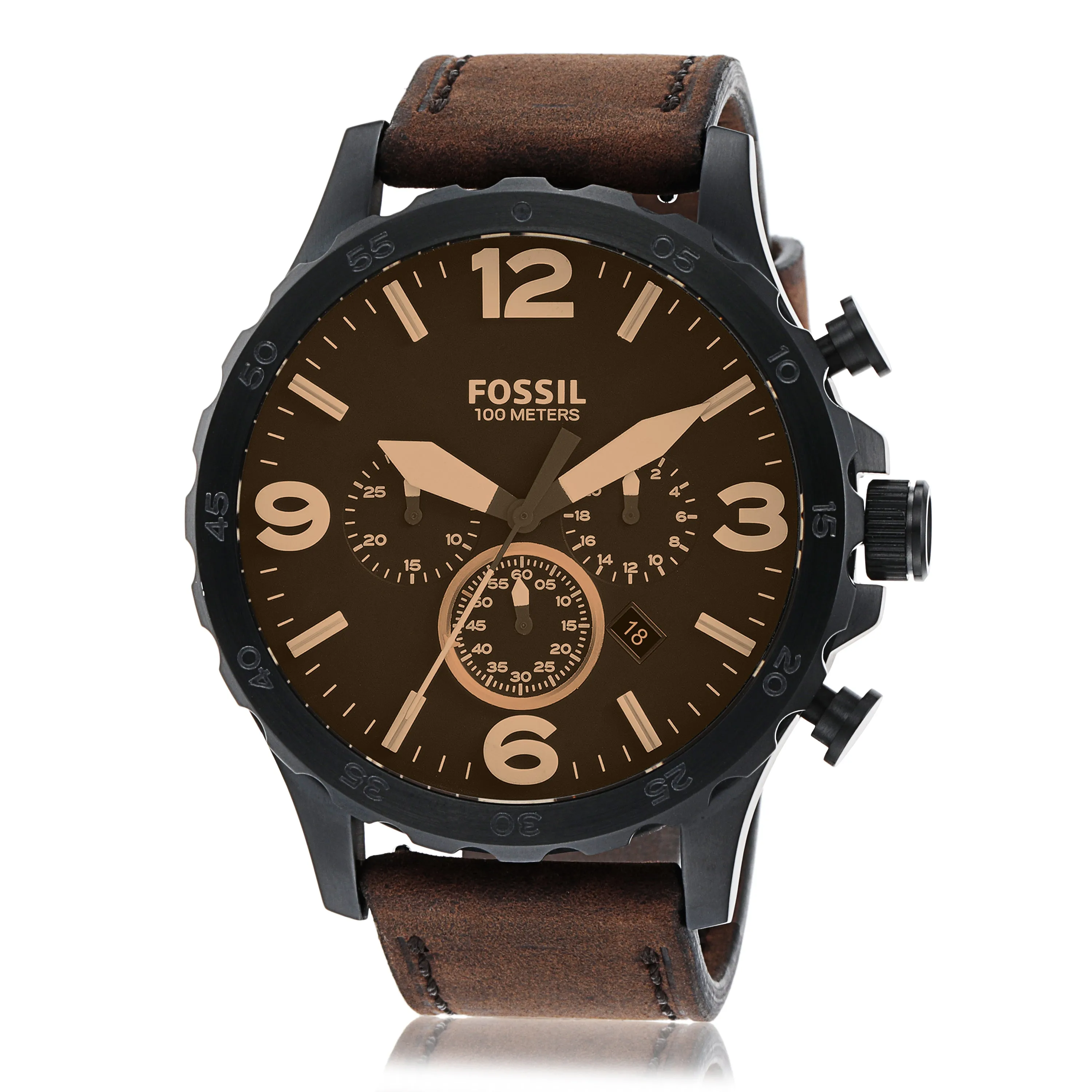Fossil Timeless Fossil Nate Chronograph Watch with Brown Leather Strap
