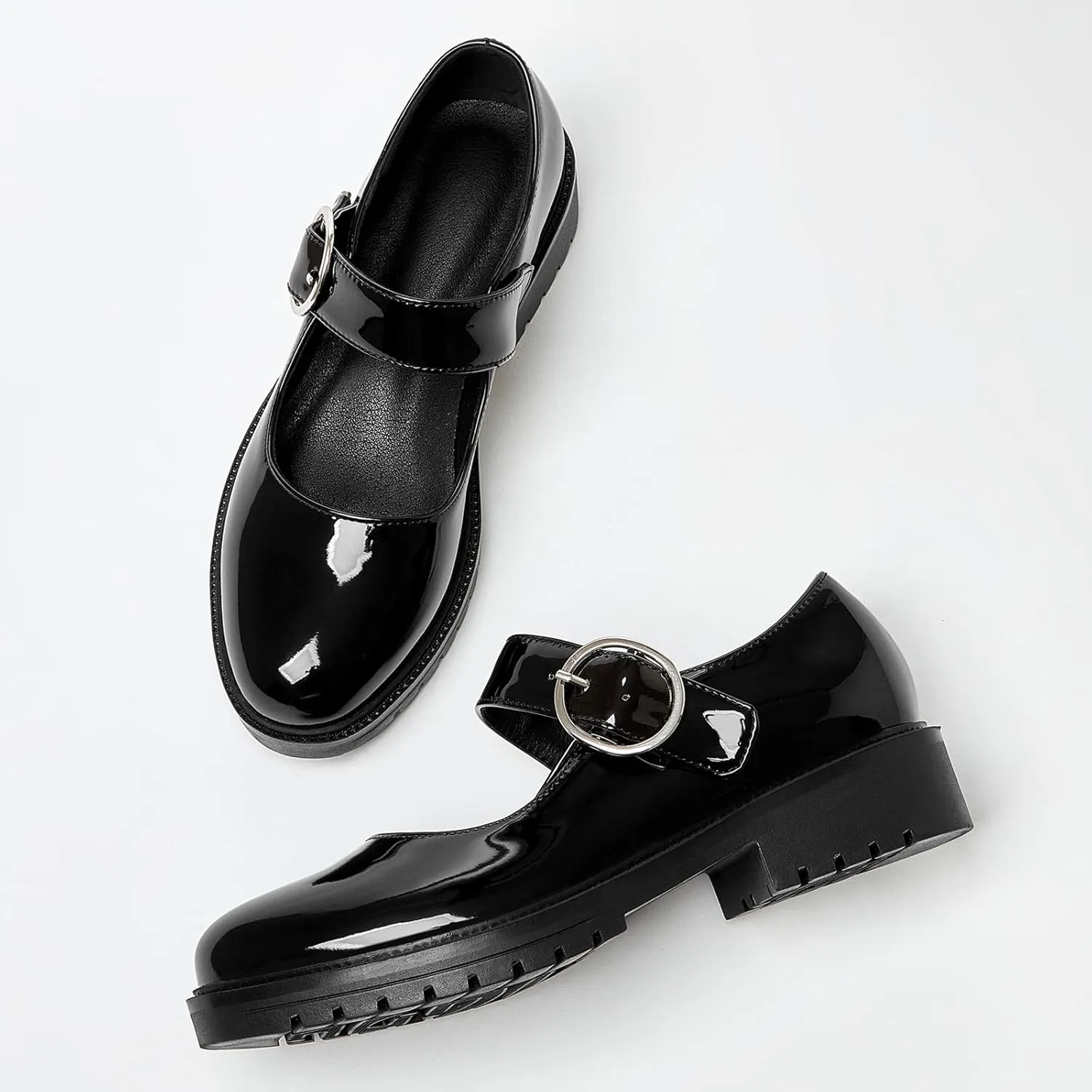 Gicoiz Classic Patent Mary Jane Womens Round Toe Buckle Pumps