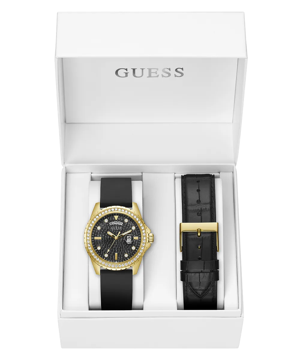 GUESS Mens Black Gold Tone Day/Date Watch