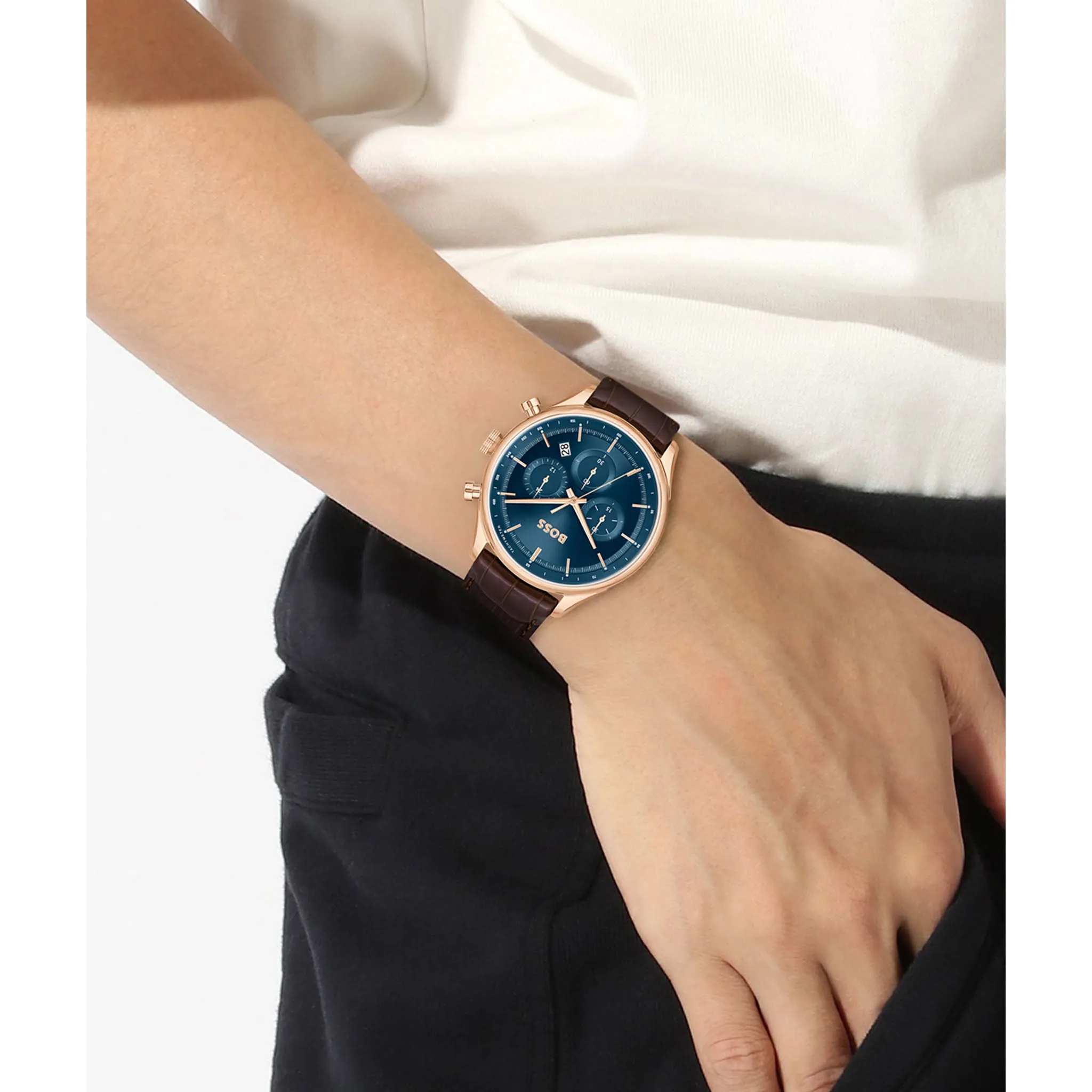 Hugo Boss Brown Leather Blue Sunray Dial Chronograph Men's Watch - 1514050