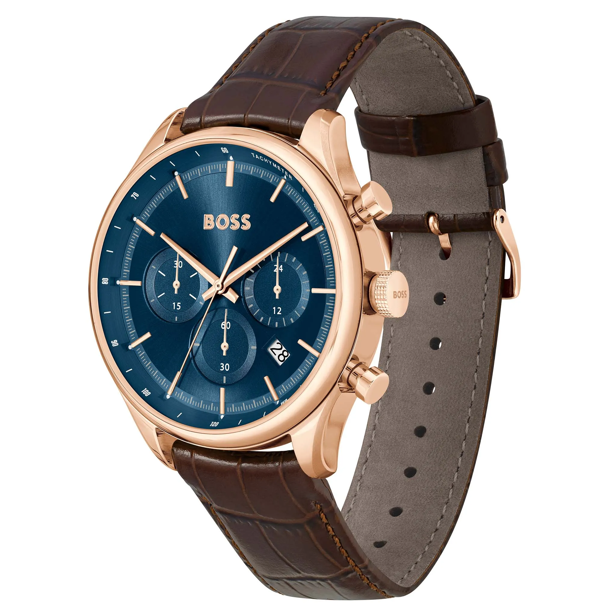 Hugo Boss Brown Leather Blue Sunray Dial Chronograph Men's Watch - 1514050