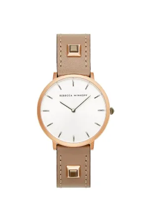 Major Rose Gold Tone Grey Leather Strap Watch, 35mm
