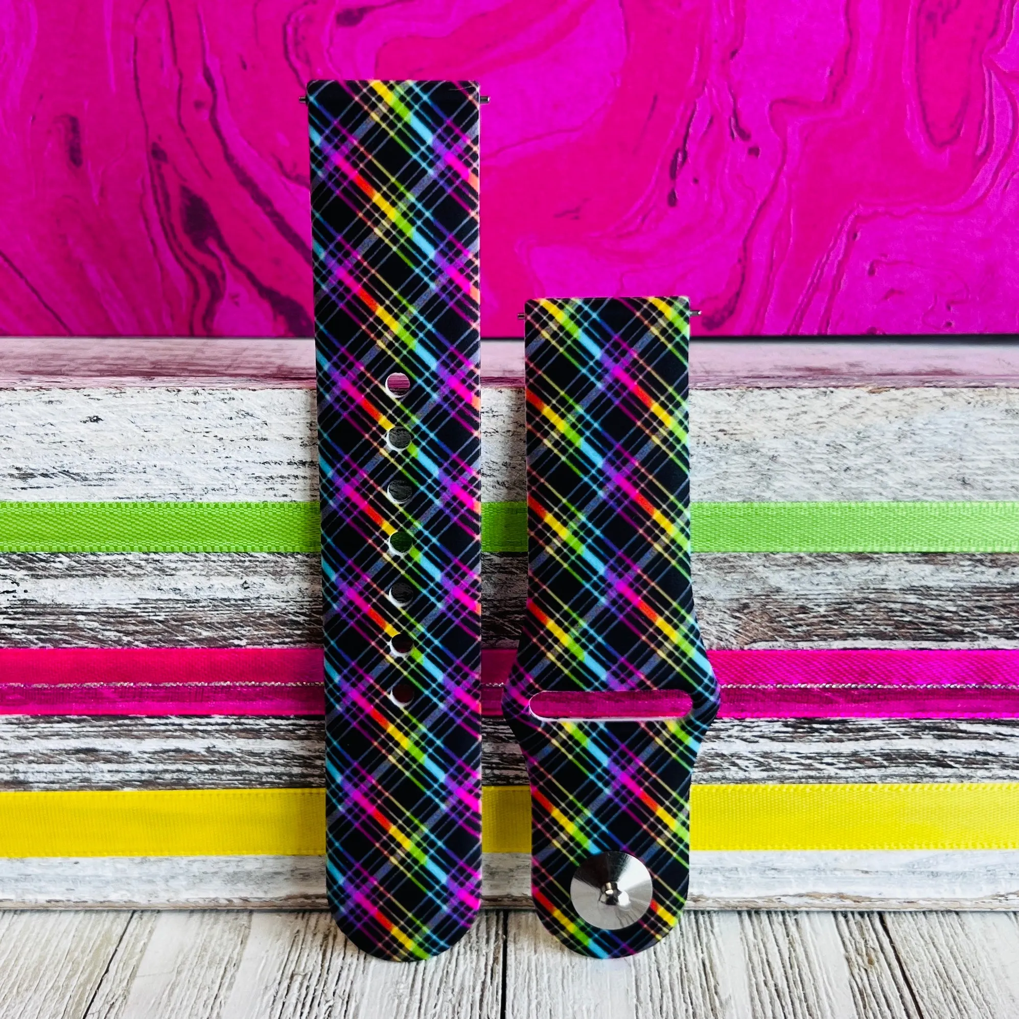 Neon Plaid Print Silicone Band For Samsung Watch