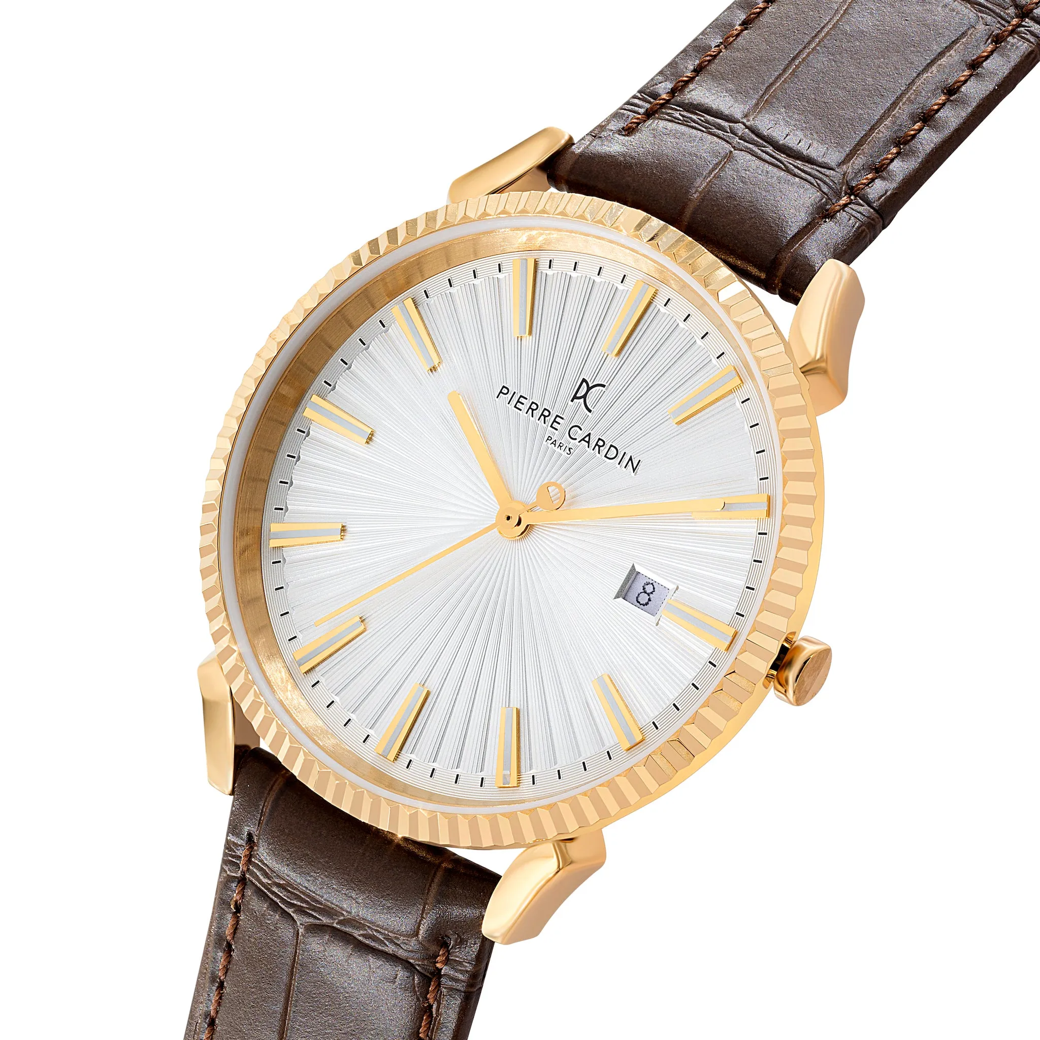 Pigalle Gold Watch with Silver Dial and Brown Leather Strap with Fluted Bezel