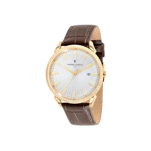 Pigalle Gold Watch with Silver Dial and Brown Leather Strap with Fluted Bezel