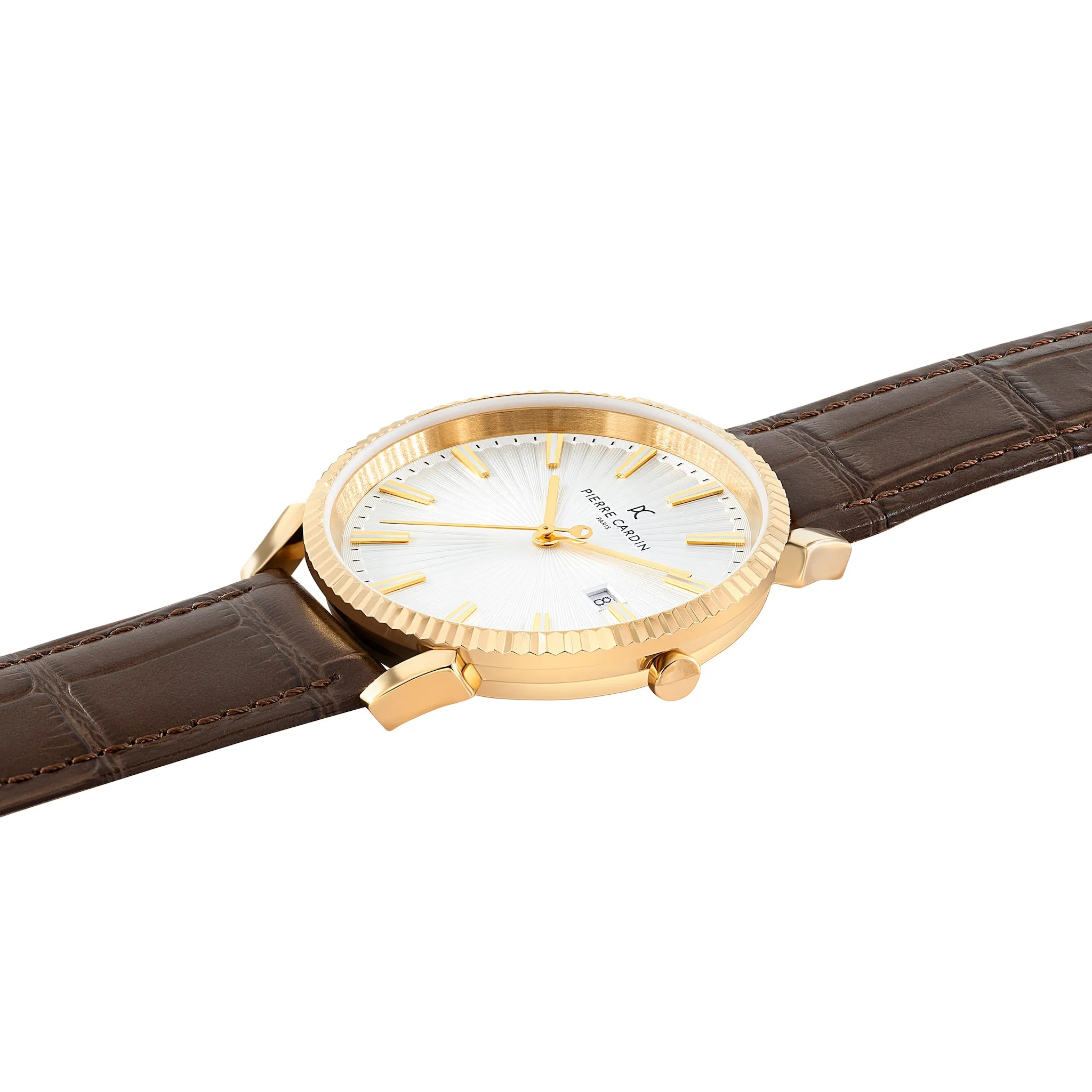 Pigalle Gold Watch with Silver Dial and Brown Leather Strap with Fluted Bezel