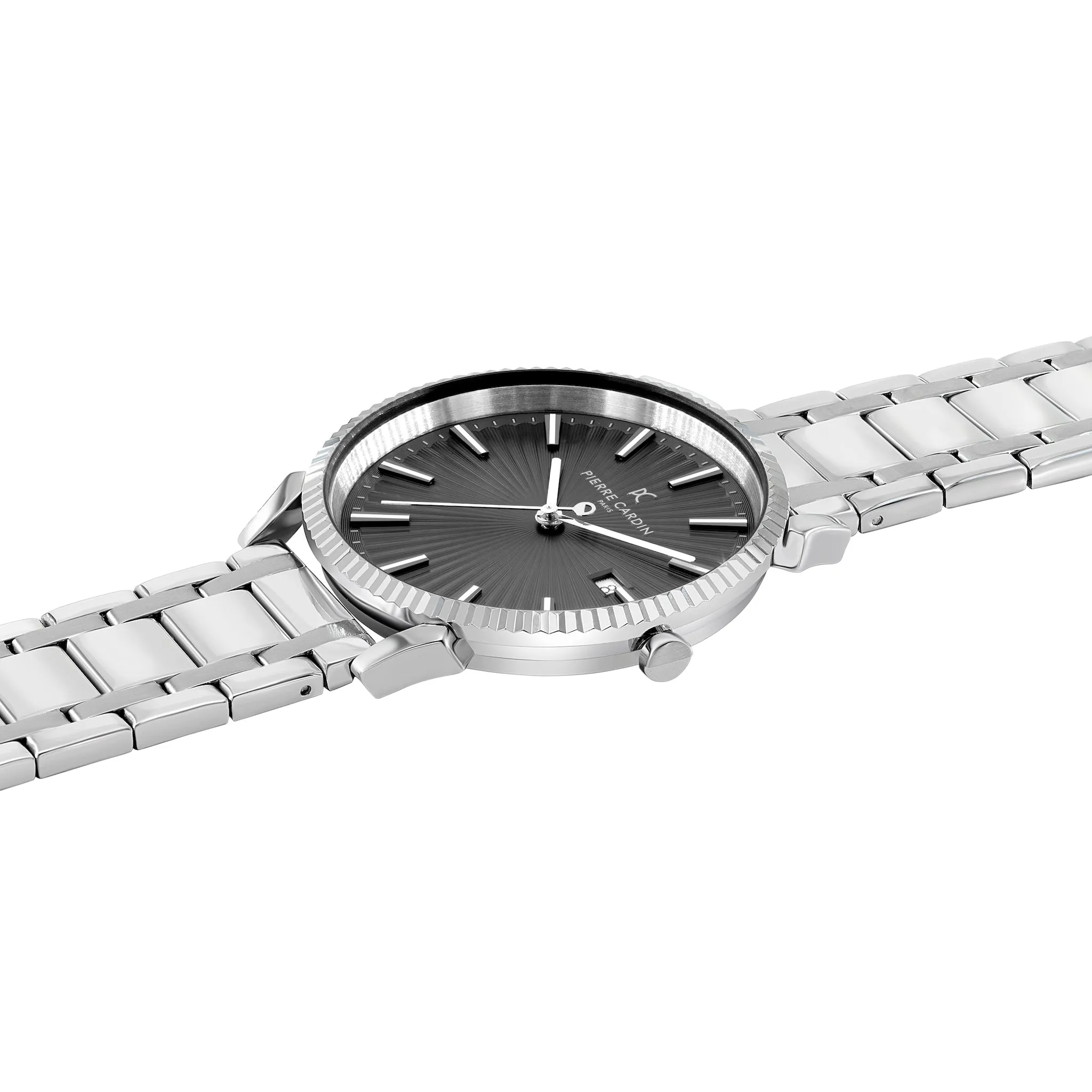 Pigalle Metal Link Watch with Fluted Bezel and Black Dial