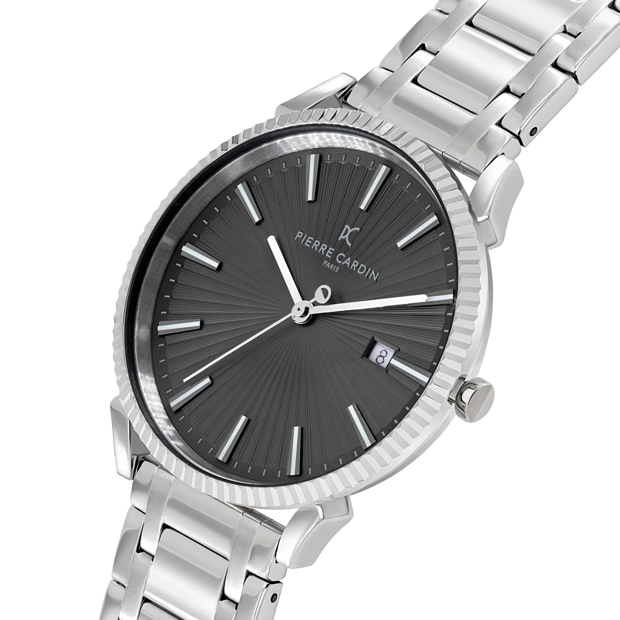 Pigalle Metal Link Watch with Fluted Bezel and Black Dial