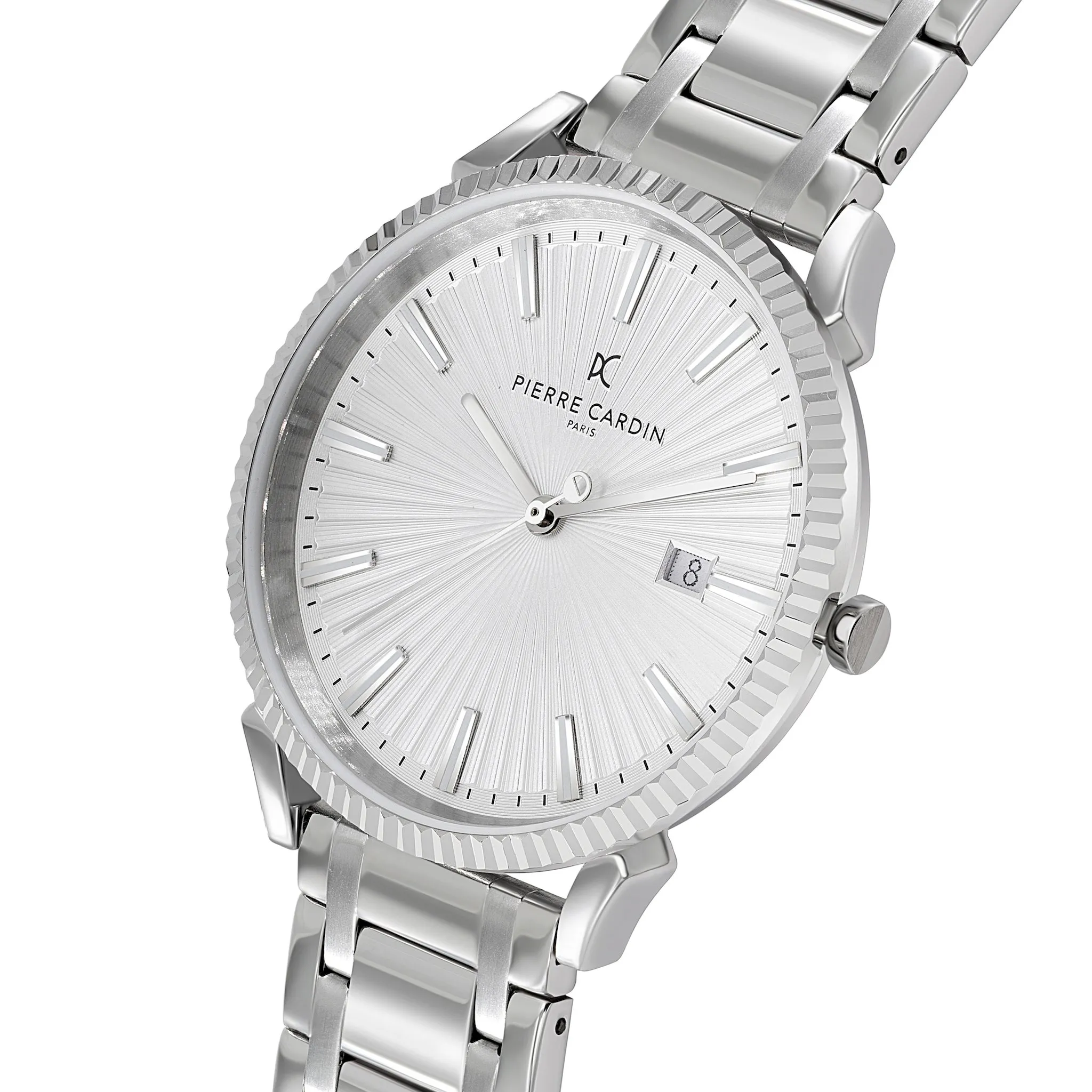 Pigalle Metal Link Watch with Fluted Bezel and Silver Dial
