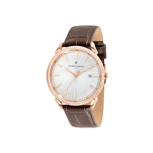 Pigalle Rose Gold Watch with Silver Dial and Brown Leather Strap with Fluted Bezel