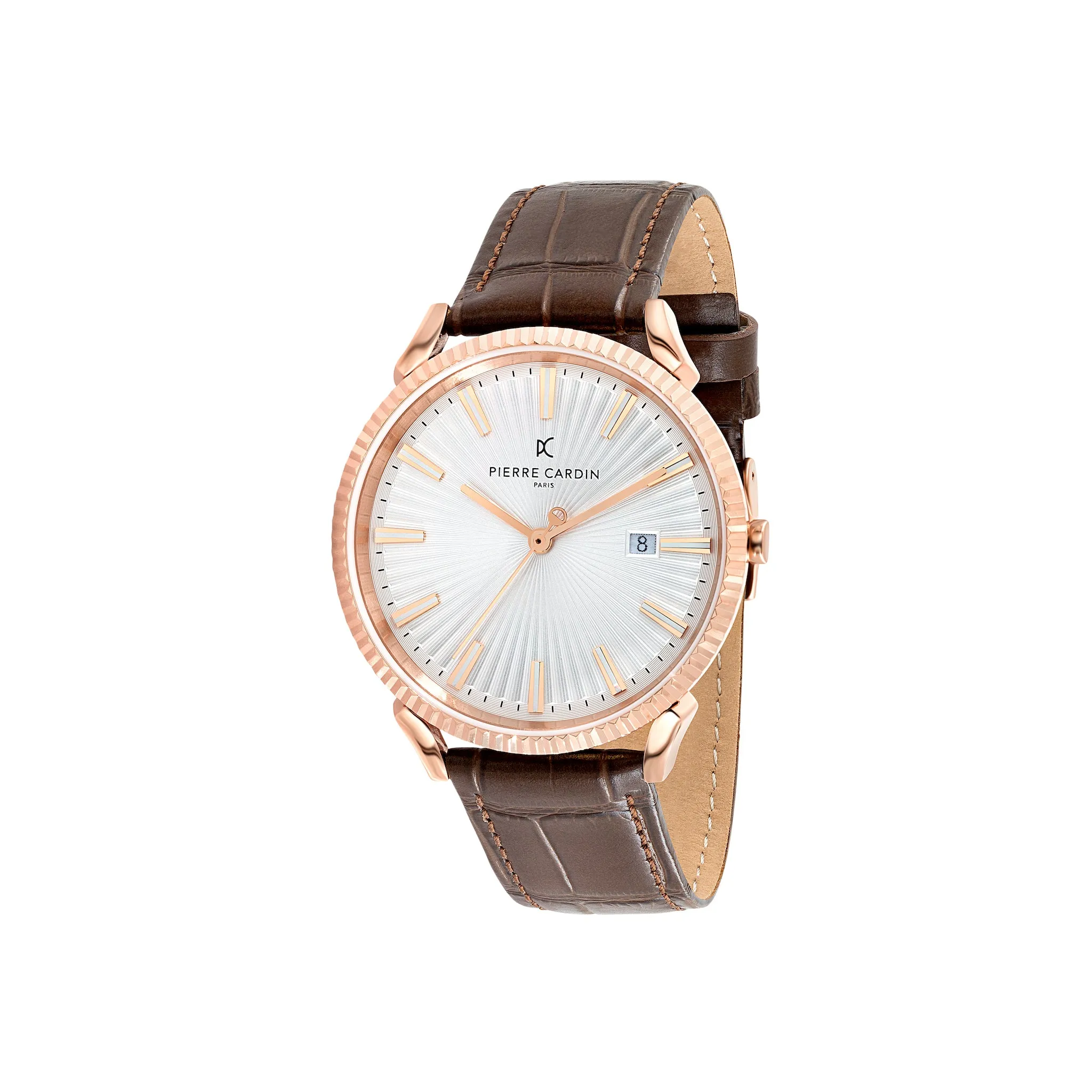 Pigalle Rose Gold Watch with Silver Dial and Brown Leather Strap with Fluted Bezel