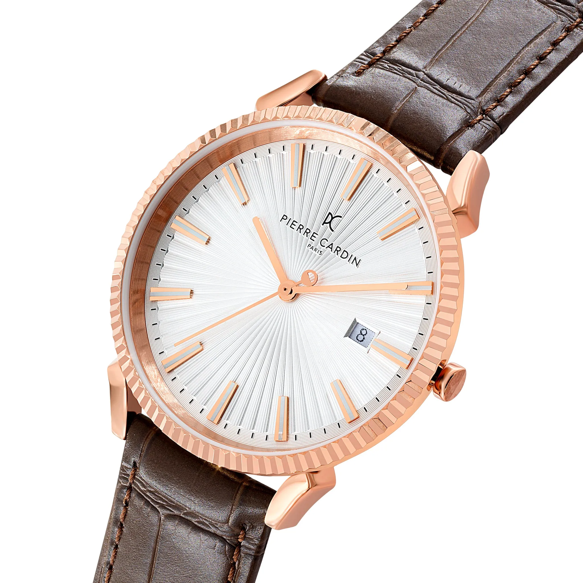 Pigalle Rose Gold Watch with Silver Dial and Brown Leather Strap with Fluted Bezel