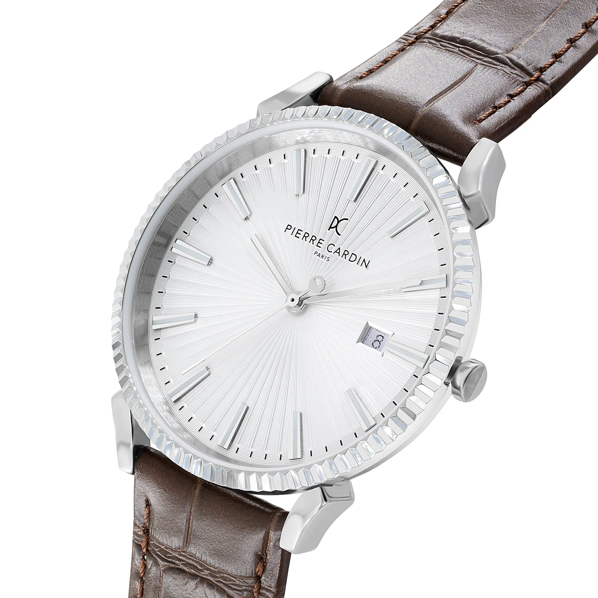 Pigalle Silver Dial Watch with Brown Leather Strap and Fluted Bezel