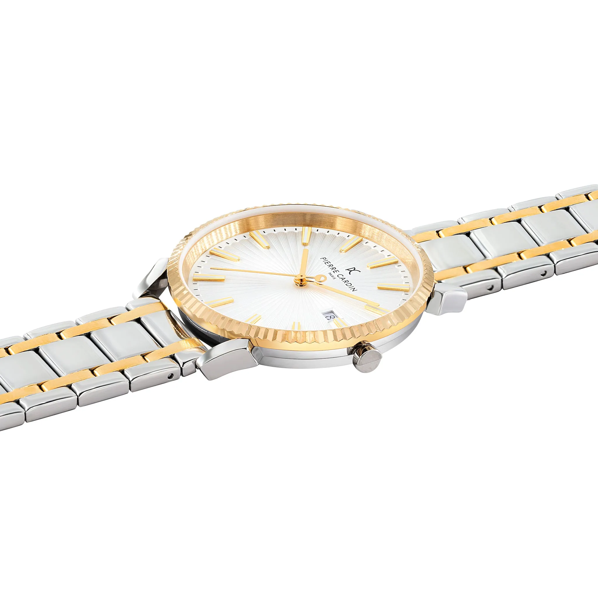 Pigalle Two Tone Metal Link Watch in Gold and Silver with Fluted Bezel and Silver Dial