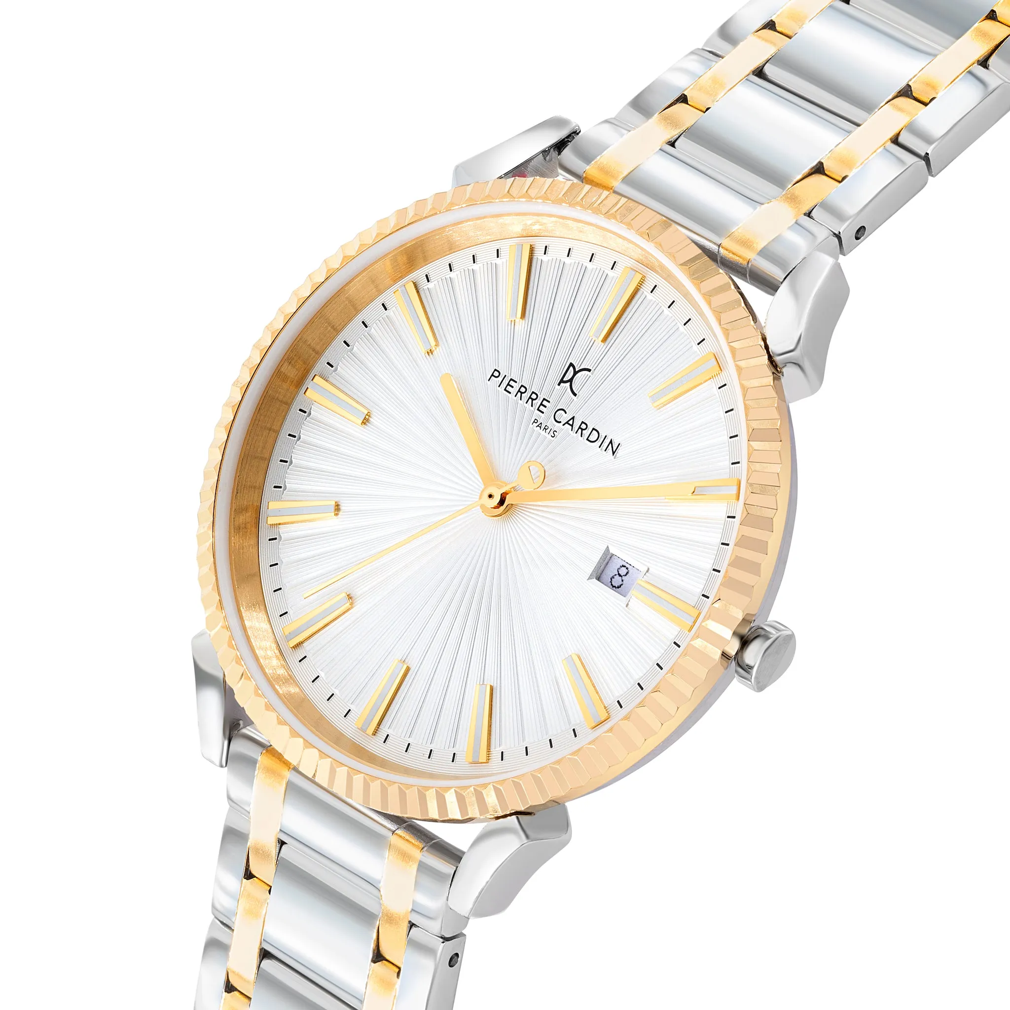Pigalle Two Tone Metal Link Watch in Gold and Silver with Fluted Bezel and Silver Dial