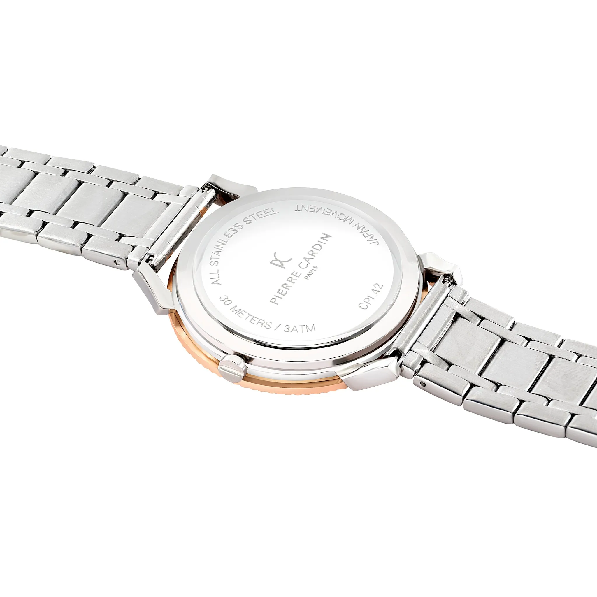 Pigalle Two Tone Metal Link Watch in Rose Gold and Silver with Fluted Bezel and Silver Dial