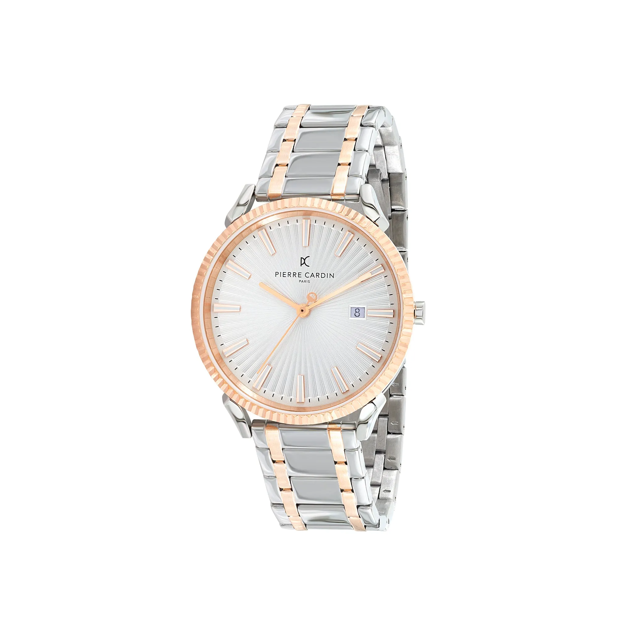 Pigalle Two Tone Metal Link Watch in Rose Gold and Silver with Fluted Bezel and Silver Dial