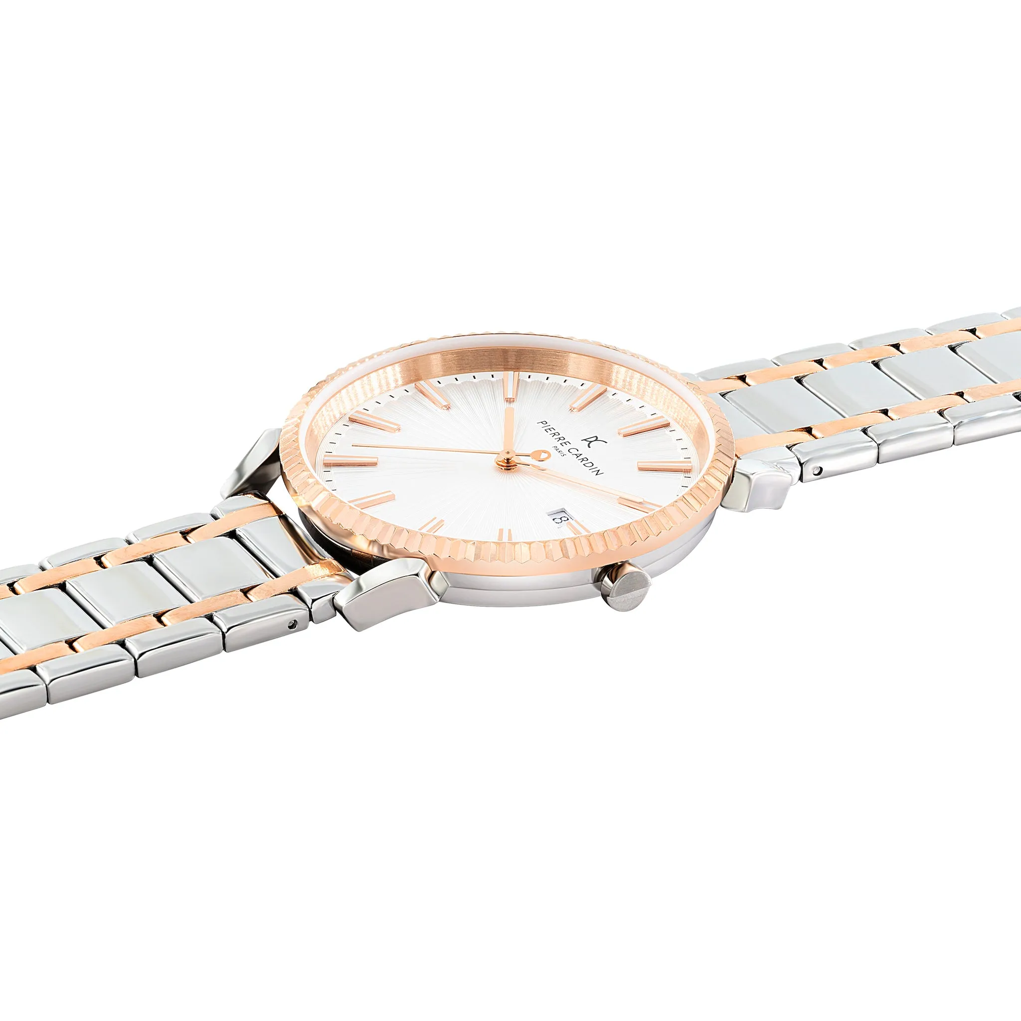 Pigalle Two Tone Metal Link Watch in Rose Gold and Silver with Fluted Bezel and Silver Dial