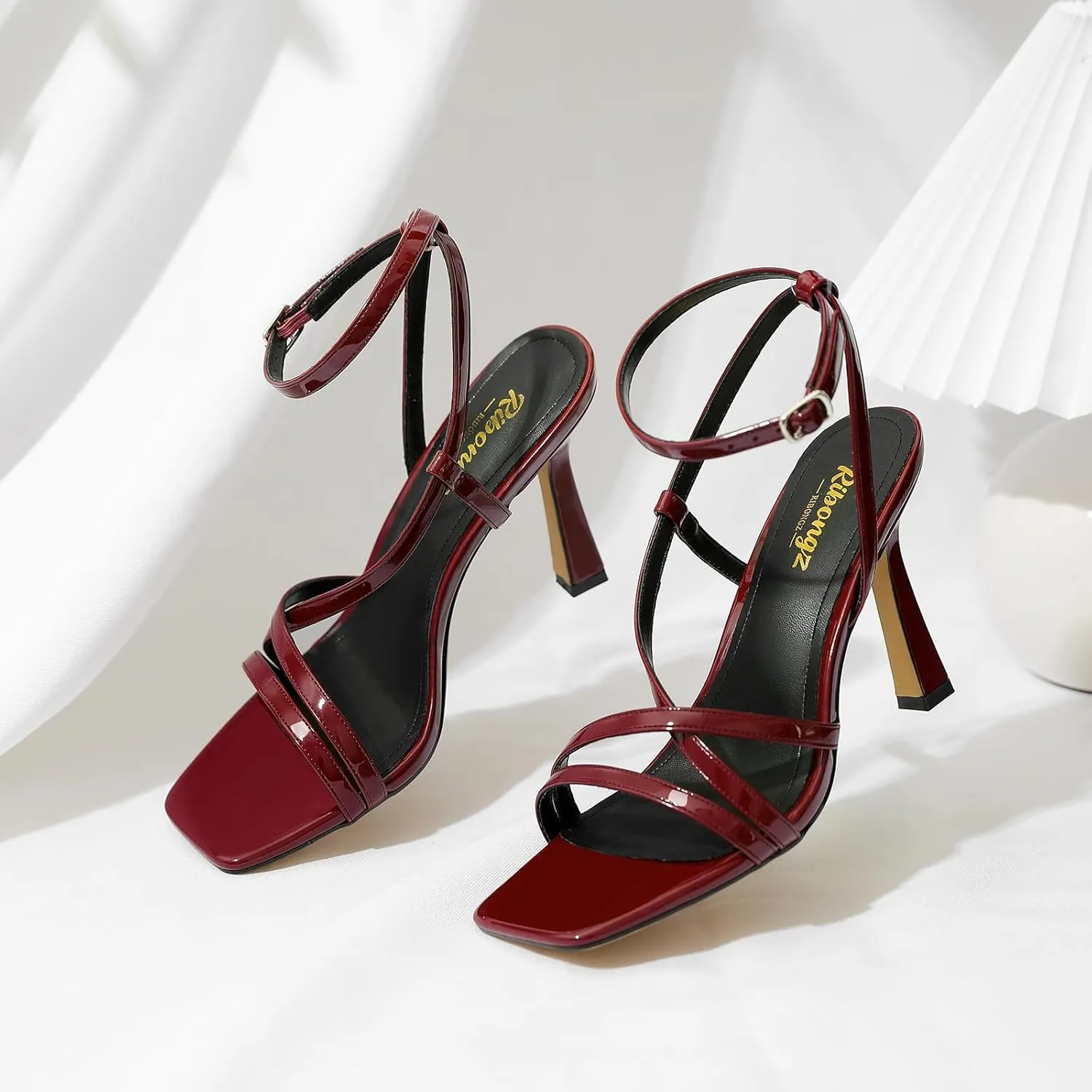 RIBONGZ Strappy Stiletto Kitten Heels Ankle Strap Sexy Heeled Sandals for Women Square Open Toe High Heels Wedding Bride Party Prom Dress Shoes