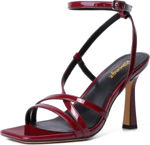 RIBONGZ Strappy Stiletto Kitten Heels Ankle Strap Sexy Heeled Sandals for Women Square Open Toe High Heels Wedding Bride Party Prom Dress Shoes