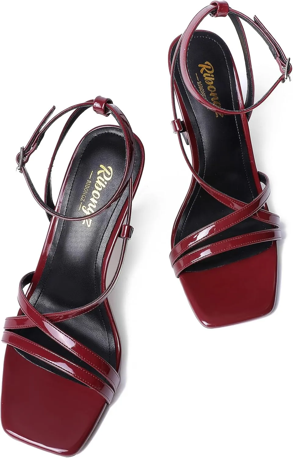 RIBONGZ Strappy Stiletto Kitten Heels Ankle Strap Sexy Heeled Sandals for Women Square Open Toe High Heels Wedding Bride Party Prom Dress Shoes