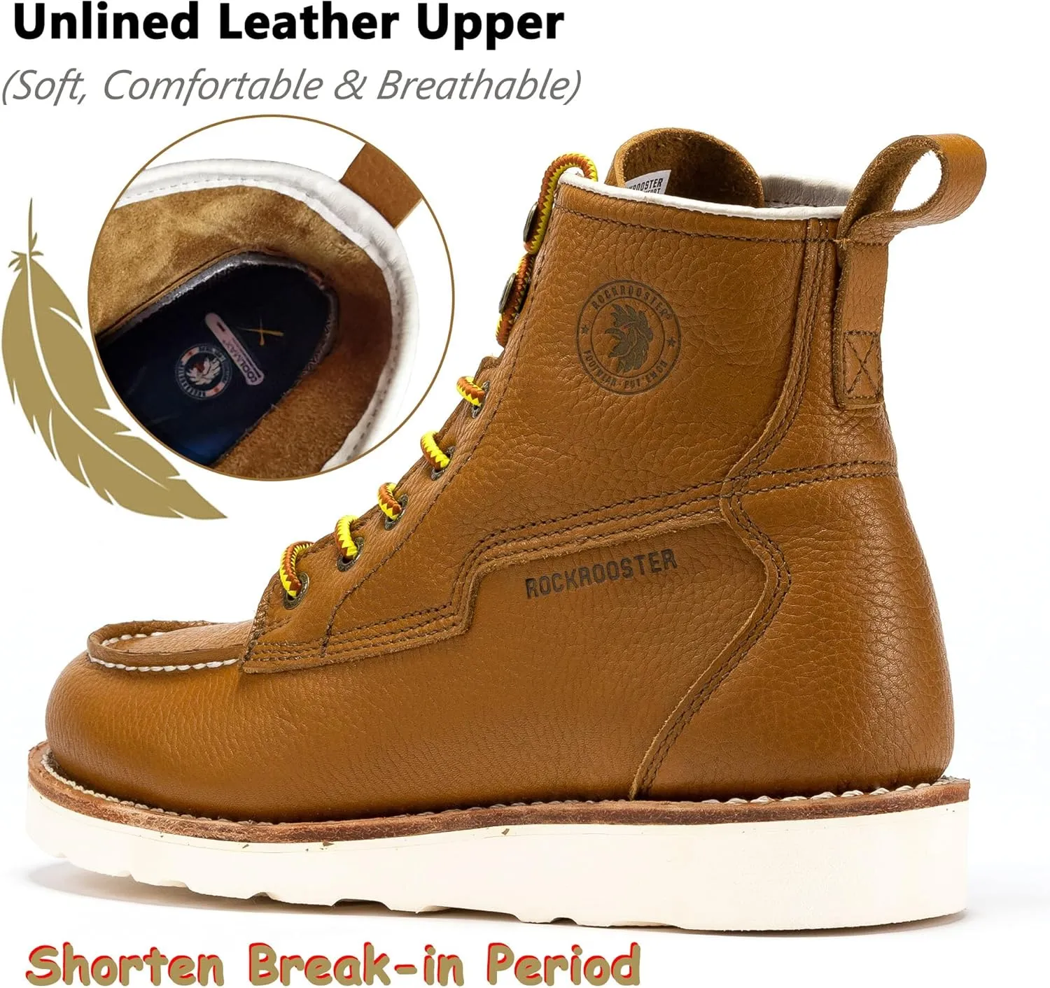 ROCKROOSTER Trinidad 6" Wedge Boots for Men, Soft Moc Toe Lightweight Brown Heritage Work Boots VAP2306